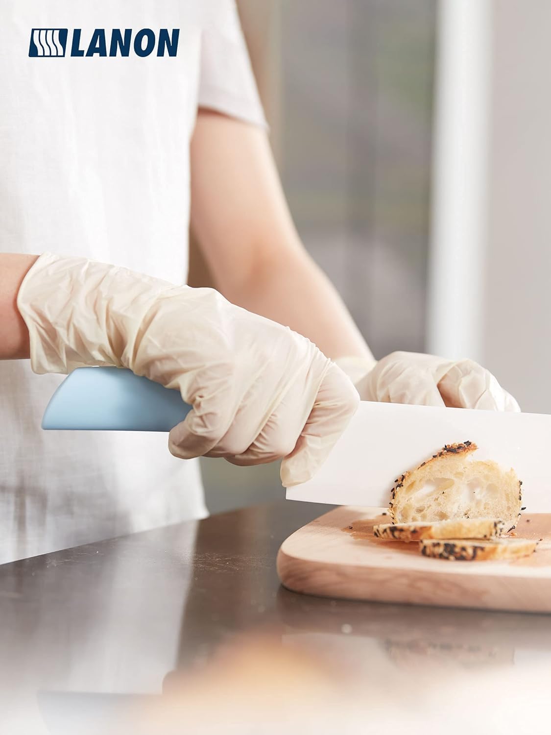 LANON 5-mil Natural Disposable Latex Gloves, Food-Contact Grade, Powder-Free, Fully Textured, for Cooking,Cleaning, Industries, White,Medium