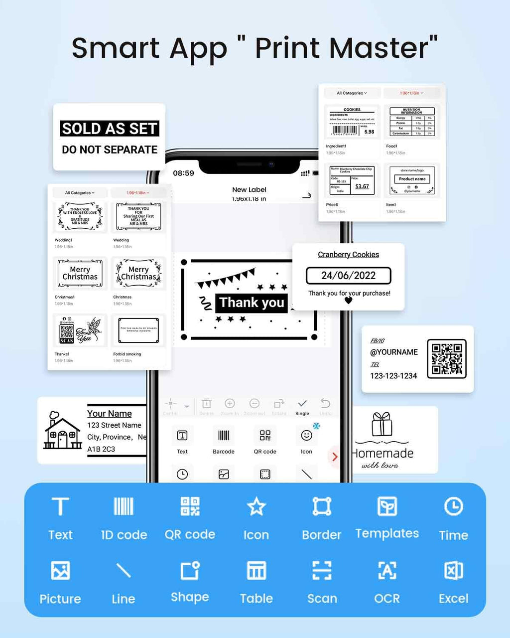 Phomemo Labels M110-300 PCS Sticker Labels for M110/M220/M260/M221/M250 Label Printer,1.97"x3.15" (50mm x 80mm), 100 Labels/Roll, for Small Business, Home, Office, Black on White