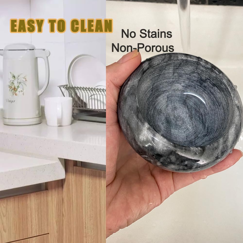 Marble Mortar and Pestle Set, Hibucuo Small 3.5 Inches Grinder Bowl for Guacamole,Pestos Seasonings Pastes, Salsa, Pills Crusher, Spice, Herb, Garlic, Nut, Heavy Duty Grinder Black