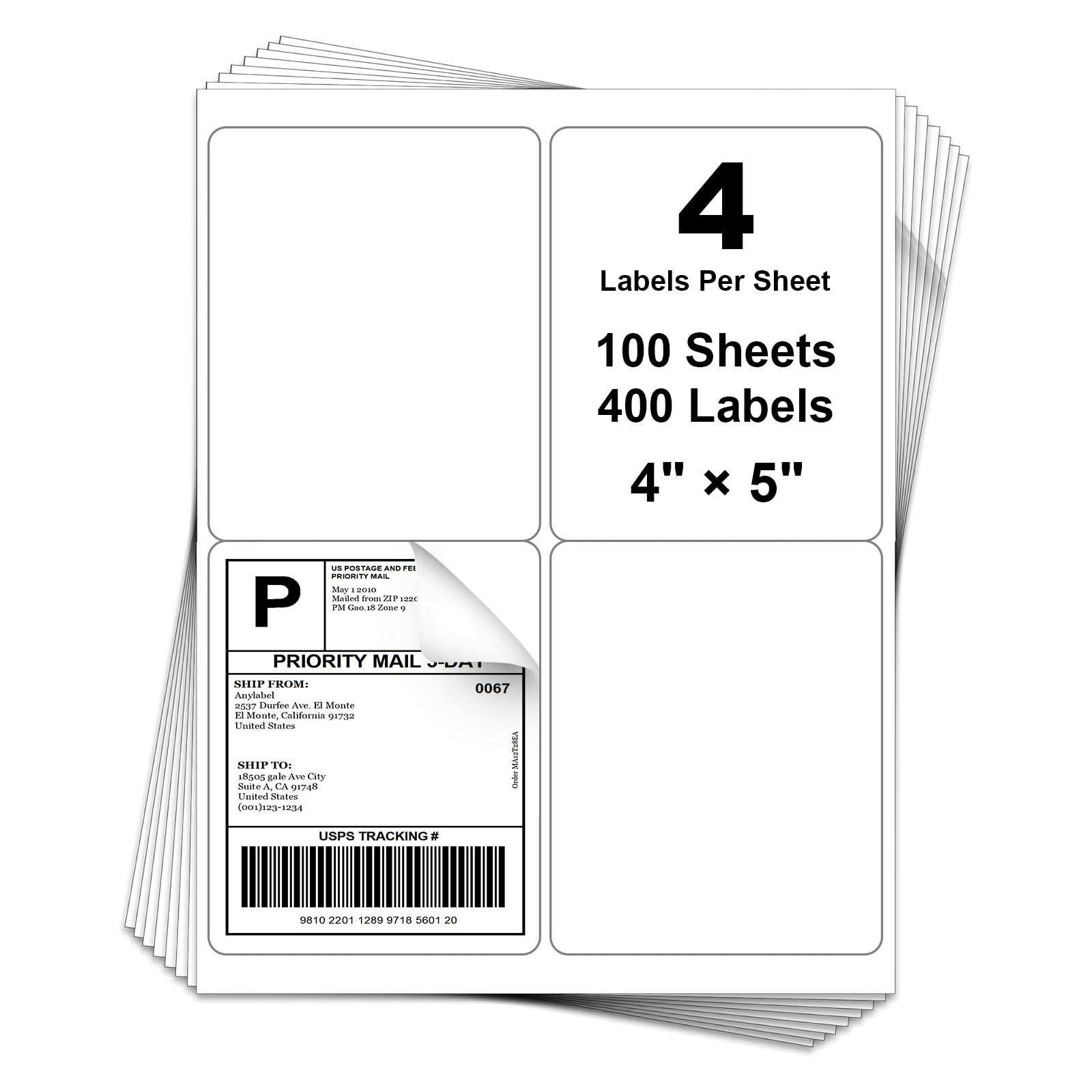 Anylabel 4" x 5 4 Per Page Shipping Labels, 400 Labels (100 Sheets), Inkjet & Laser Printer Compatible