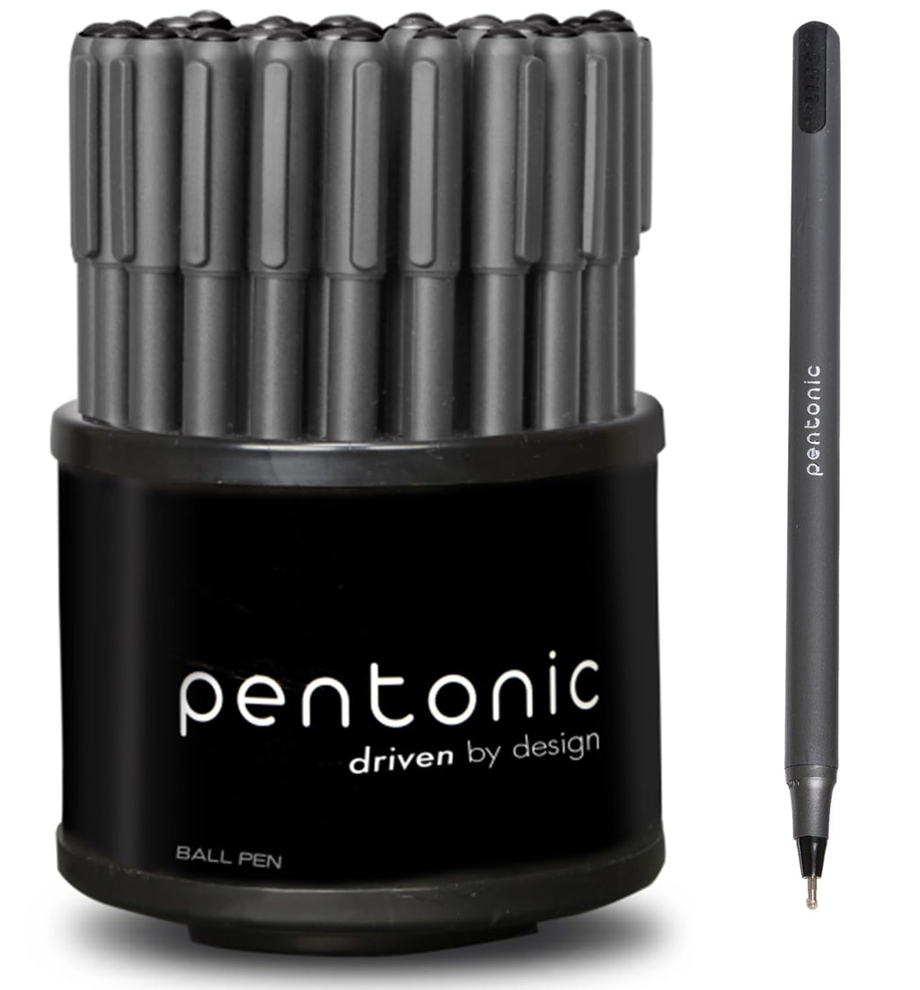 Pentonic Ballpoint Pens in Pen Organizer, 50-Pack, Black Ink, 1.0mm Medium Point, Smooth Writing for Journaling, Office & School, Smear-Resistant Ink, Bulk Pen Set with Holder