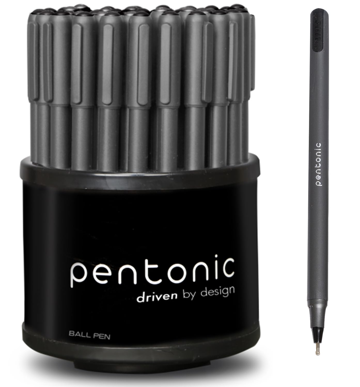 Pentonic Ballpoint Pens in Pen Organizer, 50-Pack, Black Ink, 1.0mm Medium Point, Smooth Writing for Journaling, Office & School, Smear-Resistant Ink, Bulk Pen Set with Holder