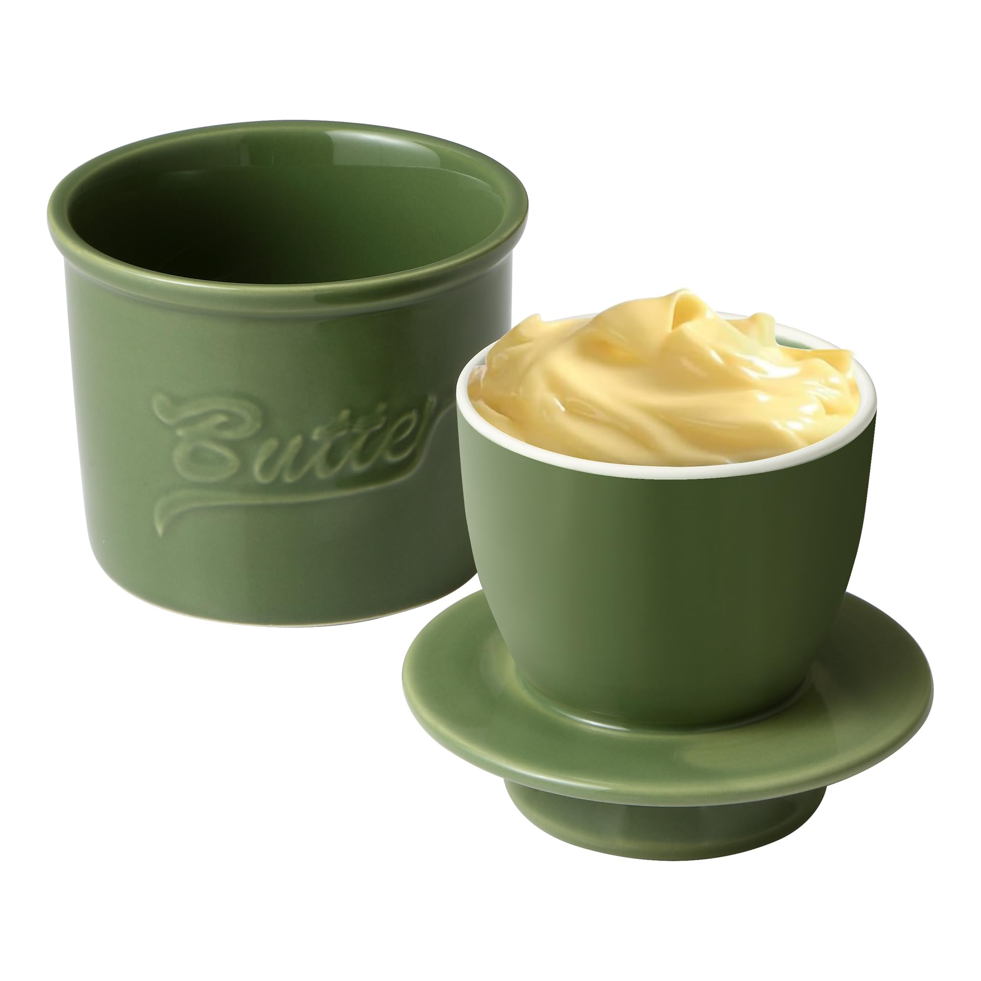 Green Style French Butter Dish French Butter Dish with Lid, Get on Demand Spreadable Butter, Ceramic Butter Keeper to Leave on Counter with Water Line