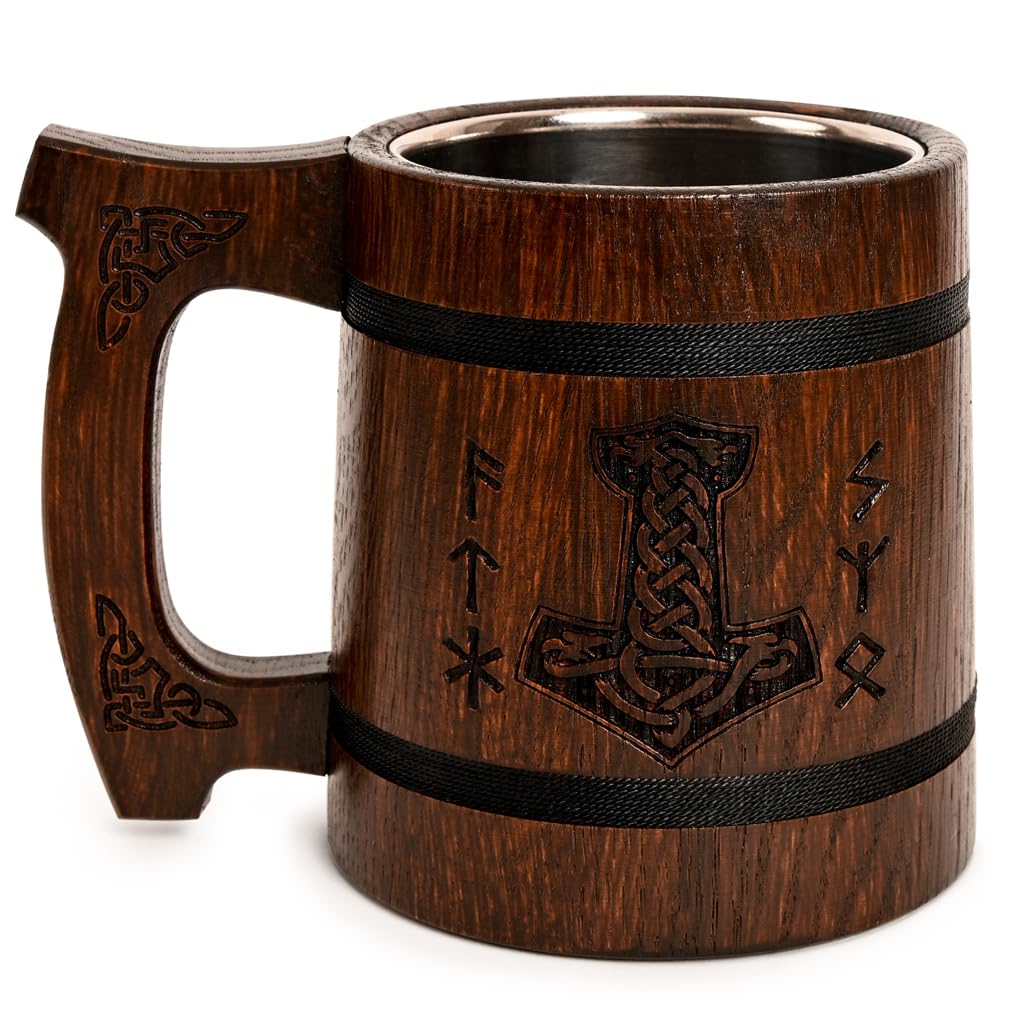 TESLYAR Beer Mug 600 ML - 20 OZ - Viking Mug - Tankard Mug - Beer Stein - Wooden Beer Mug - Handmade Gifts for Men | Fathers Day | Christmas | Birthday Gifts | Celtic Men Mugs - Thors Hammer