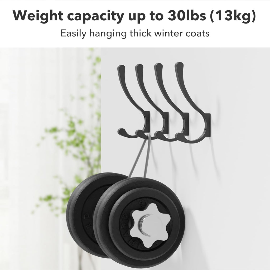 6 Pack Large Heavy Duty Coat Hooks, Black, Screw in Metal Wall Hooks for Hanging Coats, Backpacks, Purses