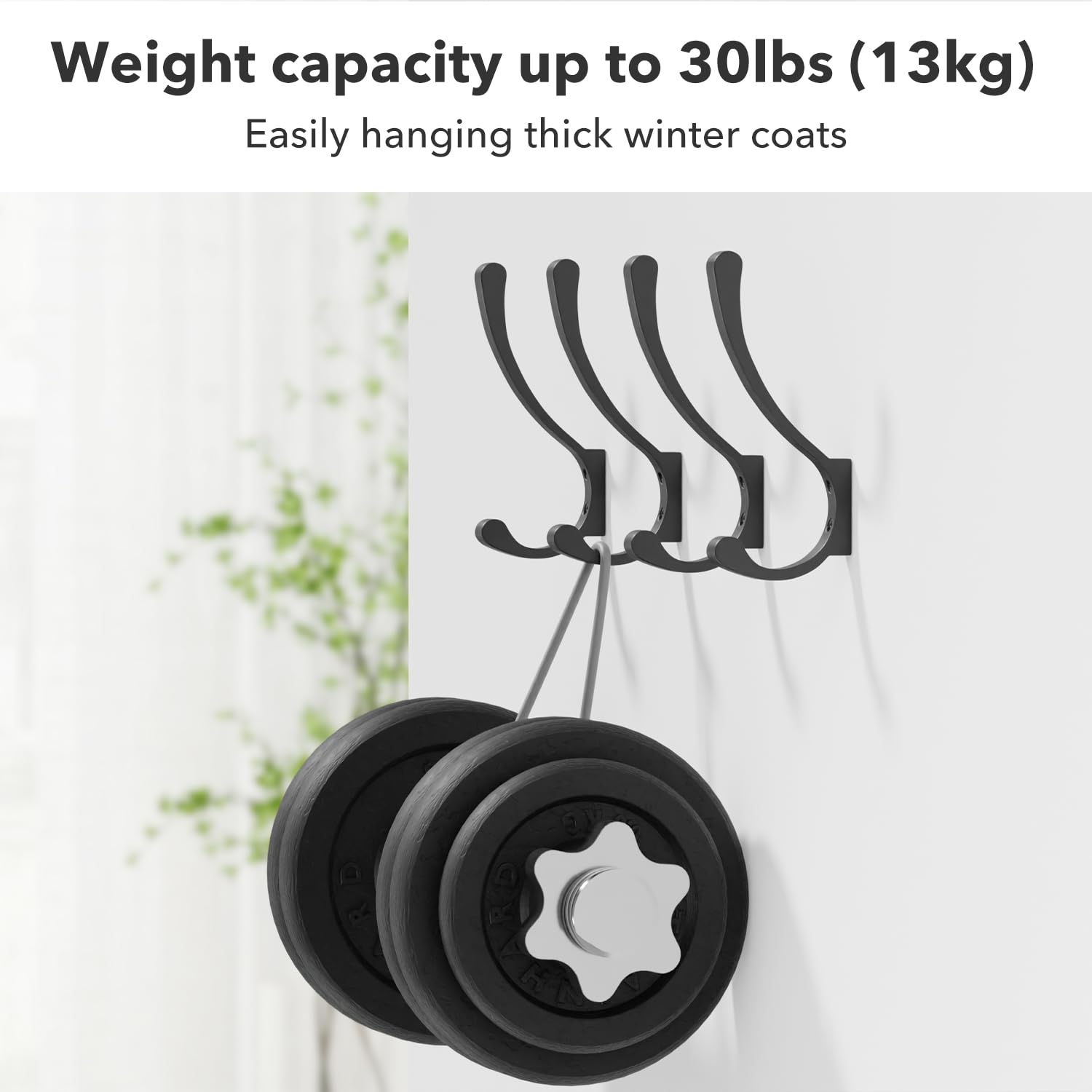 6 Pack Large Heavy Duty Coat Hooks, Black, Screw in Metal Wall Hooks for Hanging Coats, Backpacks, Purses