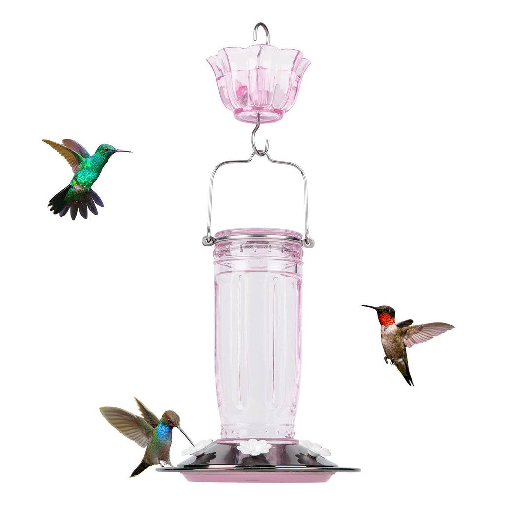 Kingsyard Glass Hummingbird Feeder for Outdoors Wild Bird Feeder with 6 Feeding Ports Hanging for Garden Yard, Pink (Ant Moat Included)