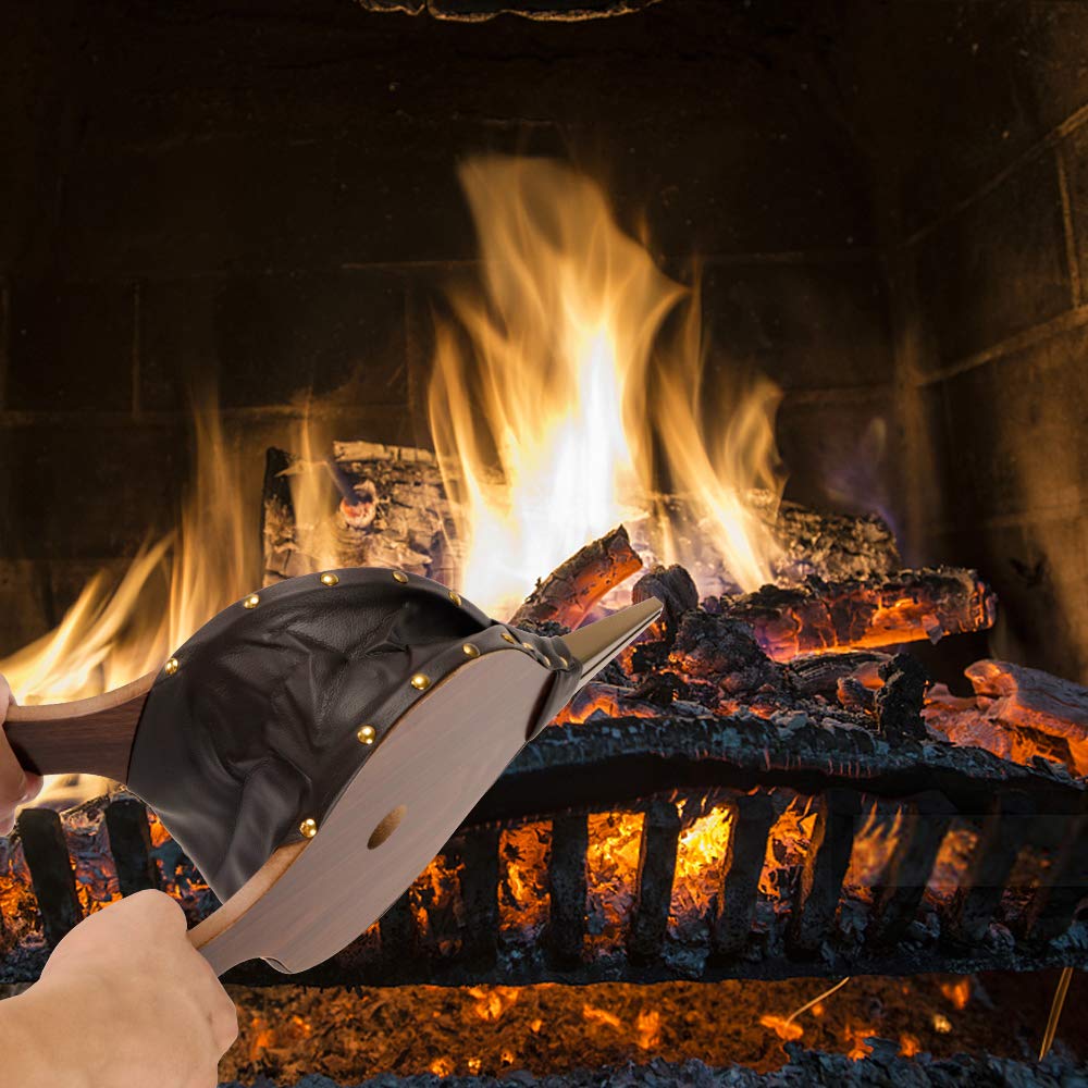 Fireplace Bellows 17"x7.5" Large Wood Air Blower Cast Nozzle for Outdoor Camping BBQ Grill Chimney Hand Bellow Pump Pit Barbeque Fire Tools Accessories with Hanging Strap (Brown, 17"x7.5")