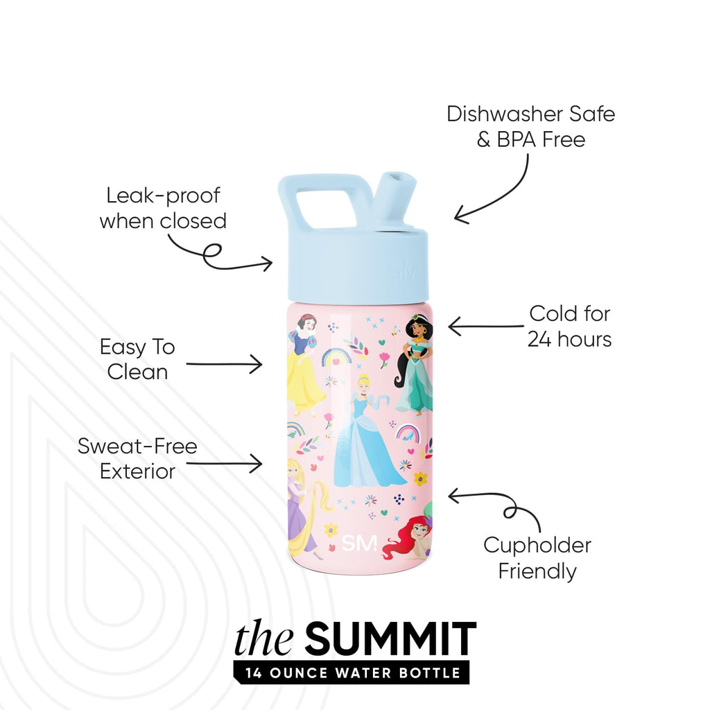 Simple Modern Disney Princesses Kids Water Bottle with Straw Lid | Reusable Insulated Stainless Steel Cup for Girls, School | Summit Collection | 14oz, Princess Rainbows