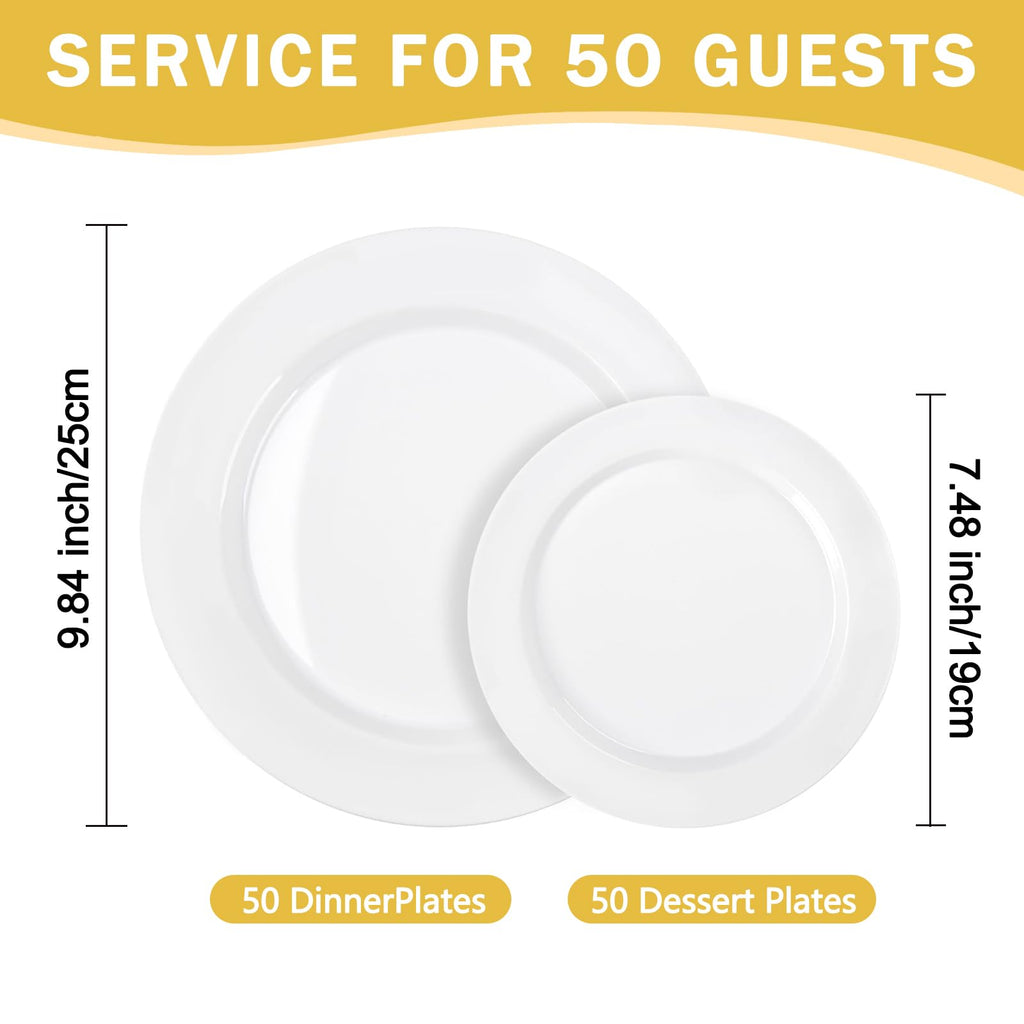 100 Pieces White Plastic Plates, Disposable Party Plates, 50 Heavy Duty White Dinner 10 Inch Plates and 50 Disposable Dessert Appetizer Elegant Fancy Wedding 7.5 Inch Plates