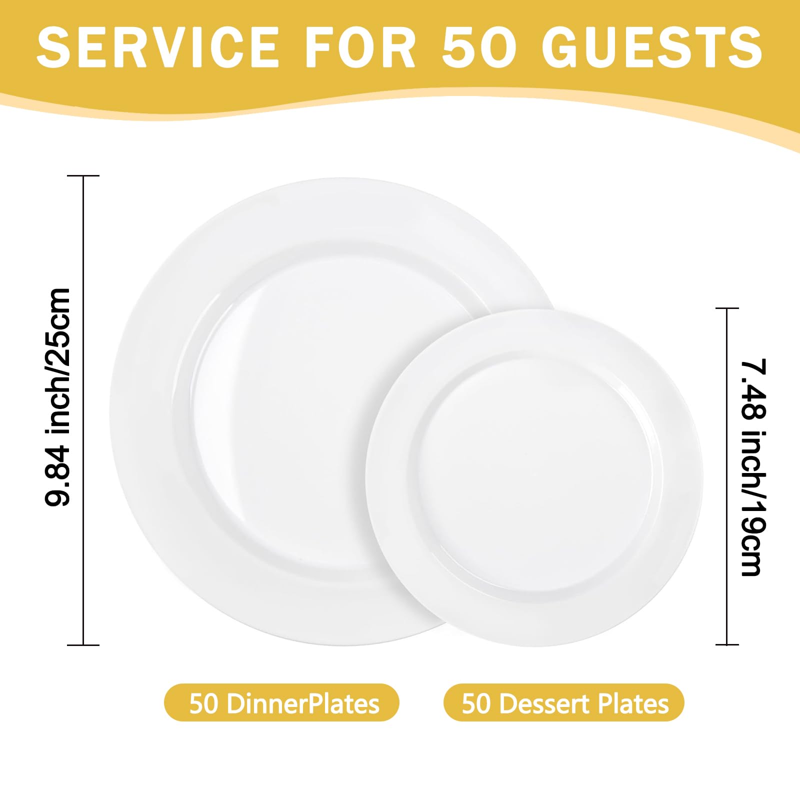 100 Pieces White Plastic Plates, Disposable Party Plates, 50 Heavy Duty White Dinner 10 Inch Plates and 50 Disposable Dessert Appetizer Elegant Fancy Wedding 7.5 Inch Plates
