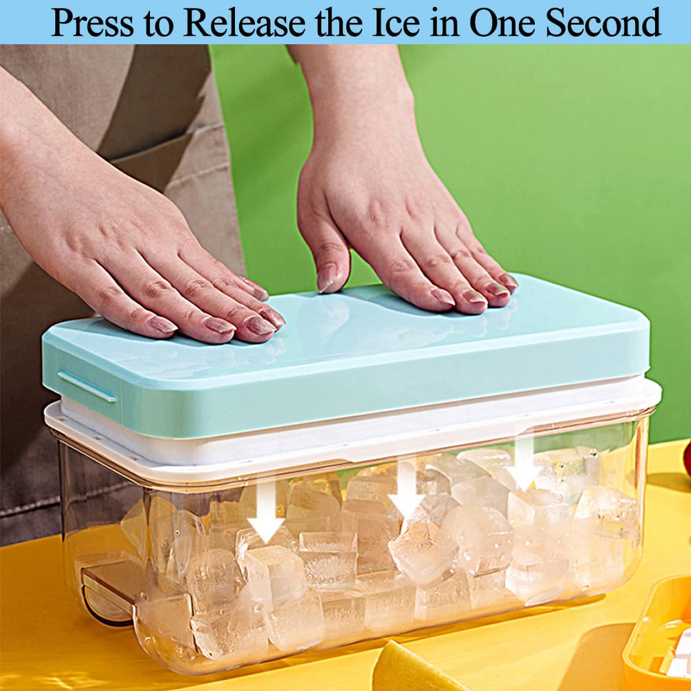 Ninyoon 1 Second Release Ice Cube Tray with Lid and Bin, 2 Tier ice molds Make 64 Ice Cubes Big Capacity Bin for Freezer Including Ice Scoop (Pink)