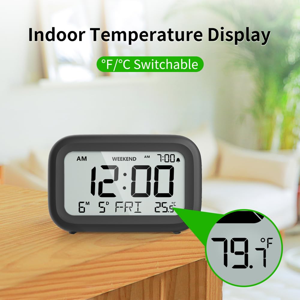 DOOMAY Digital Alarm Clock Bedside - Battery Powered Clock with LCD Display Volume Adjustable Snooze and Weekend Mode for Bedroom Office Desk Travel (Black)