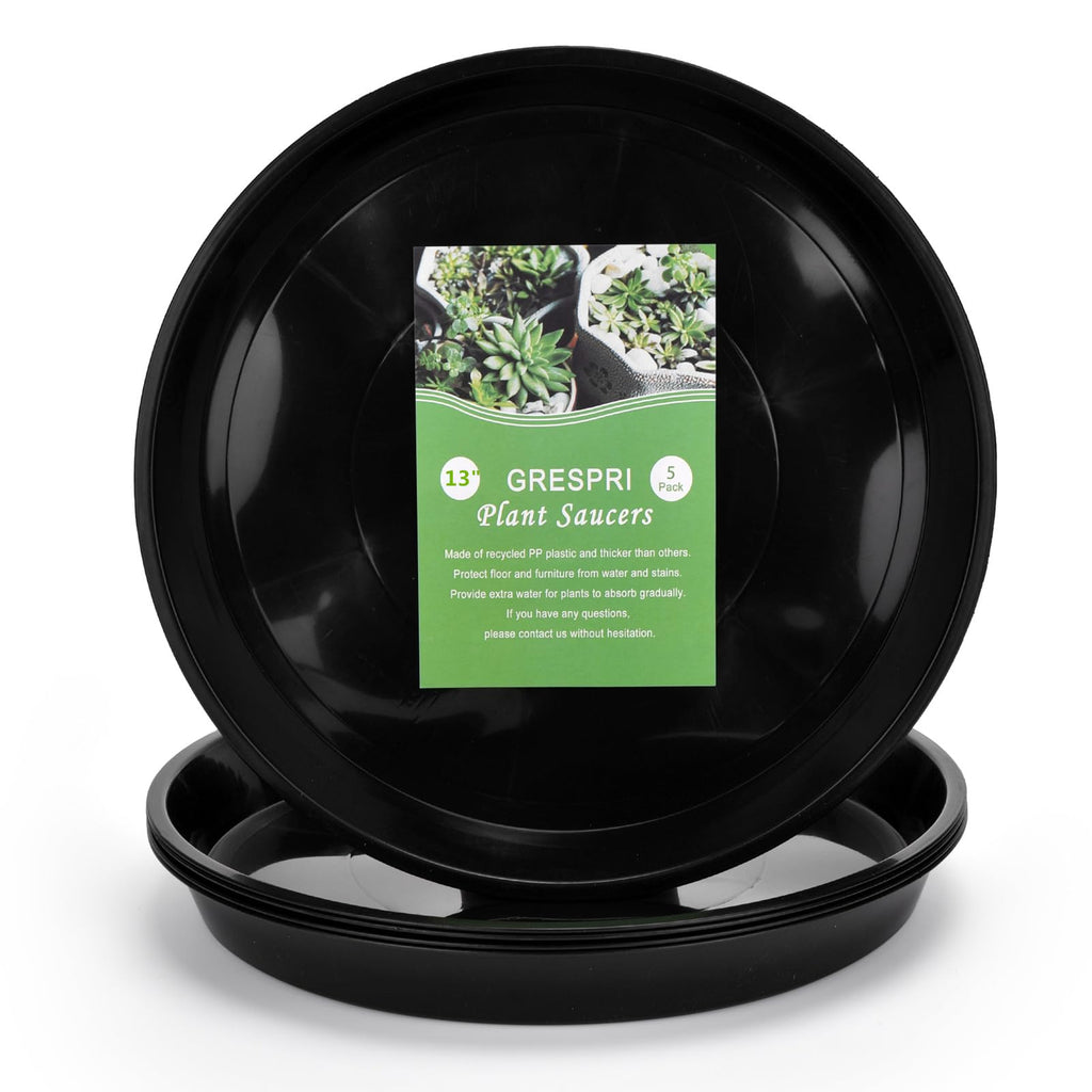 GRESPRI 13 Inches Black Plant Saucers 5 Packs Heavy-Duty Round Plant Trays, Sturdy Flower Pot Containers, Plastic Plant Drip Trays for Indoor/Outdoor Plants. (11 inches in Base)