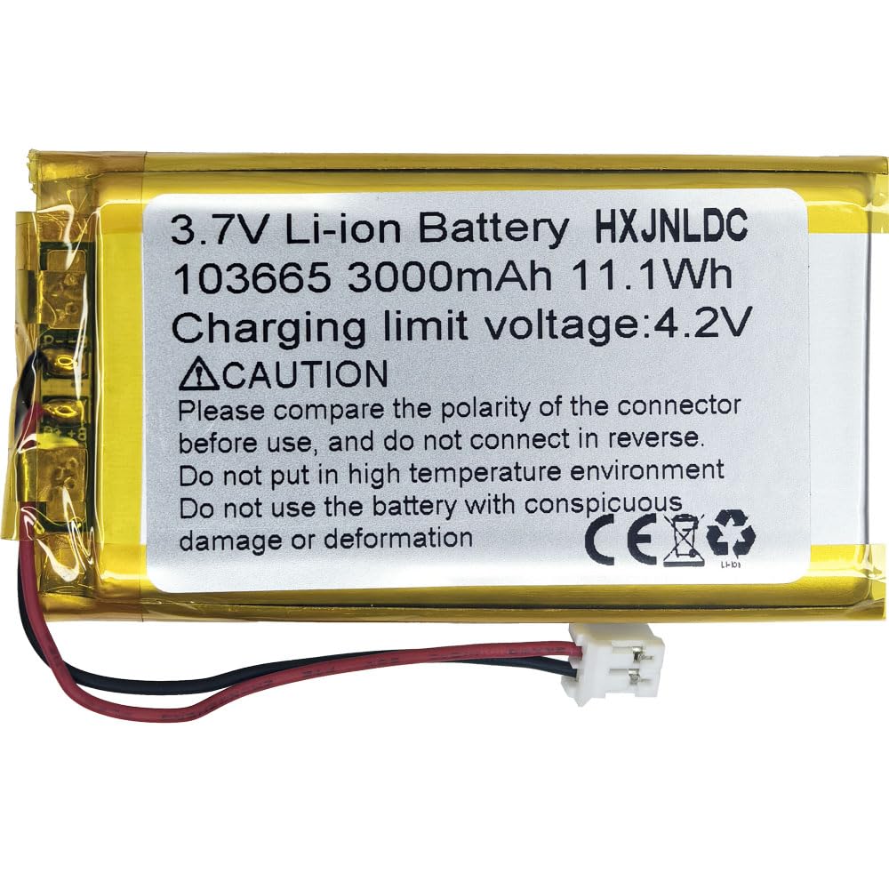 DC 3.7V 3000mAh 103665 Rechargeable Lithium Polymer Battery, Suitable for DIY 3.7-5V Electronic Products with Built-in 2-Wire Battery Replacement and LED Lights