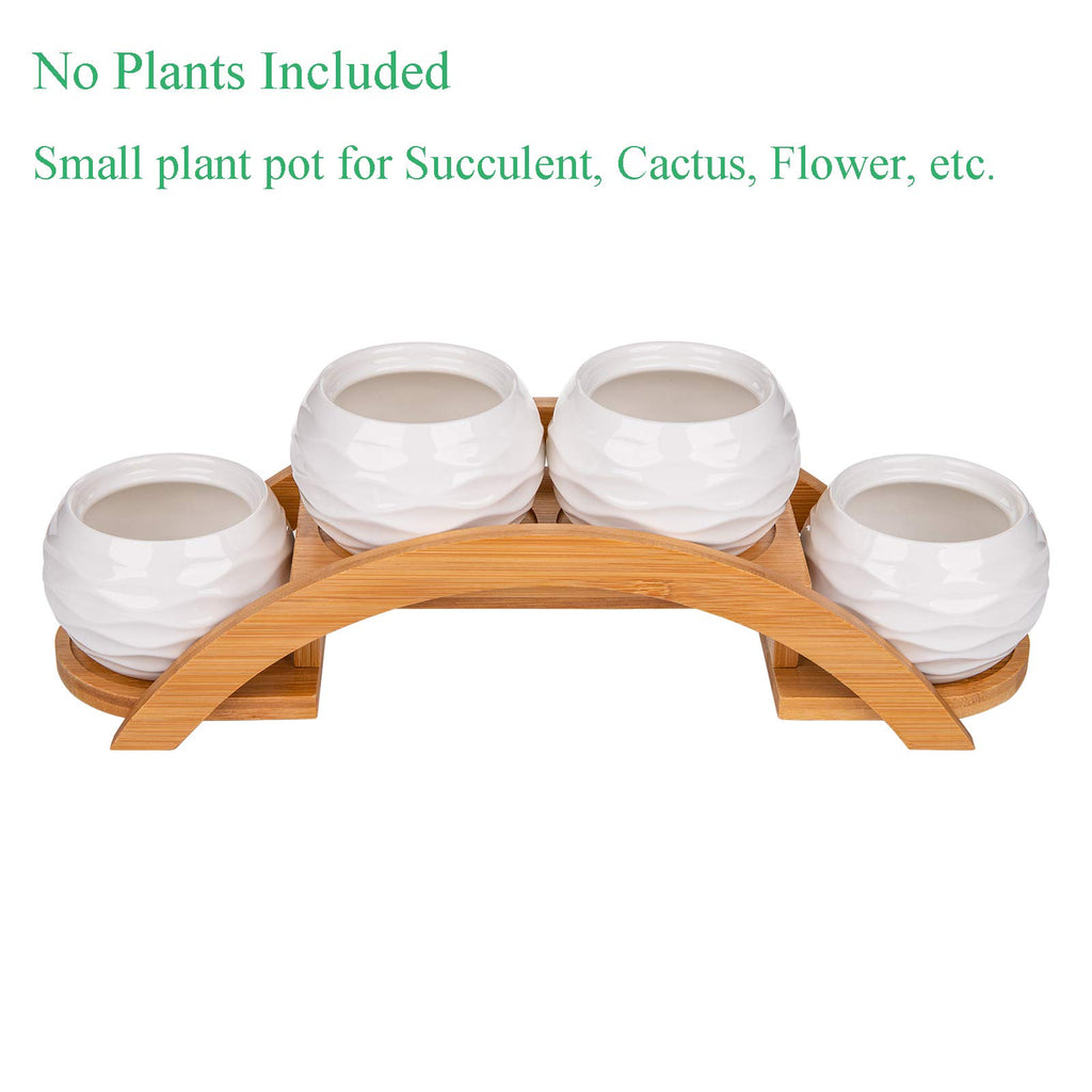 Yarlung 4 Pack Succulent Plant Pots and Stand Set, Ceramic Mini Planter Pots with Bamboo Tray, 2.75 Inch Small Cactus Flower Pot for Garden, Office Desk, Home Decor (No Plants Included)