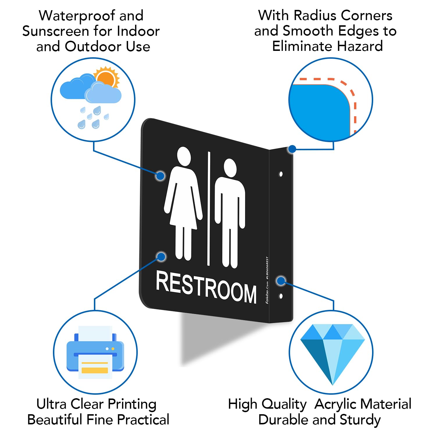 Faittoo Restroom Sign, Bathroom Signs, (2 Pack) 6 x 6 Inches Unisex Acrylic Sign, for Office or Business Bathroom and Toilet Door or Wall Decor, Indoor Outdoor Use (Black)