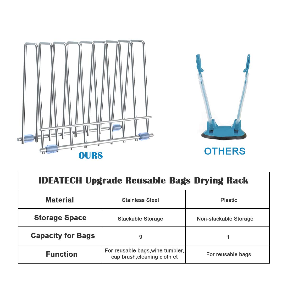 Bag Drying Rack Kitchen, Plastic Dryer for Freezer, Sandwich and Snack Bags, Stainless Stand for Food Bags, Books, Makeup Brush