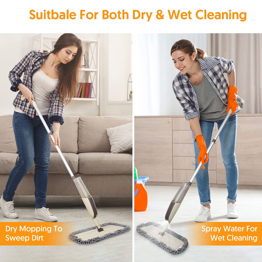 MEXERRIS Spray Mops for Floor Cleaning - Wet Dry Dust Kitchen Floor Mop with 410ML Refillable Bottle 360°Rotatable Hardwood Mop for Laminate Wood Tiles 3 Microfiber Reusable Pads and 1 Scrubber