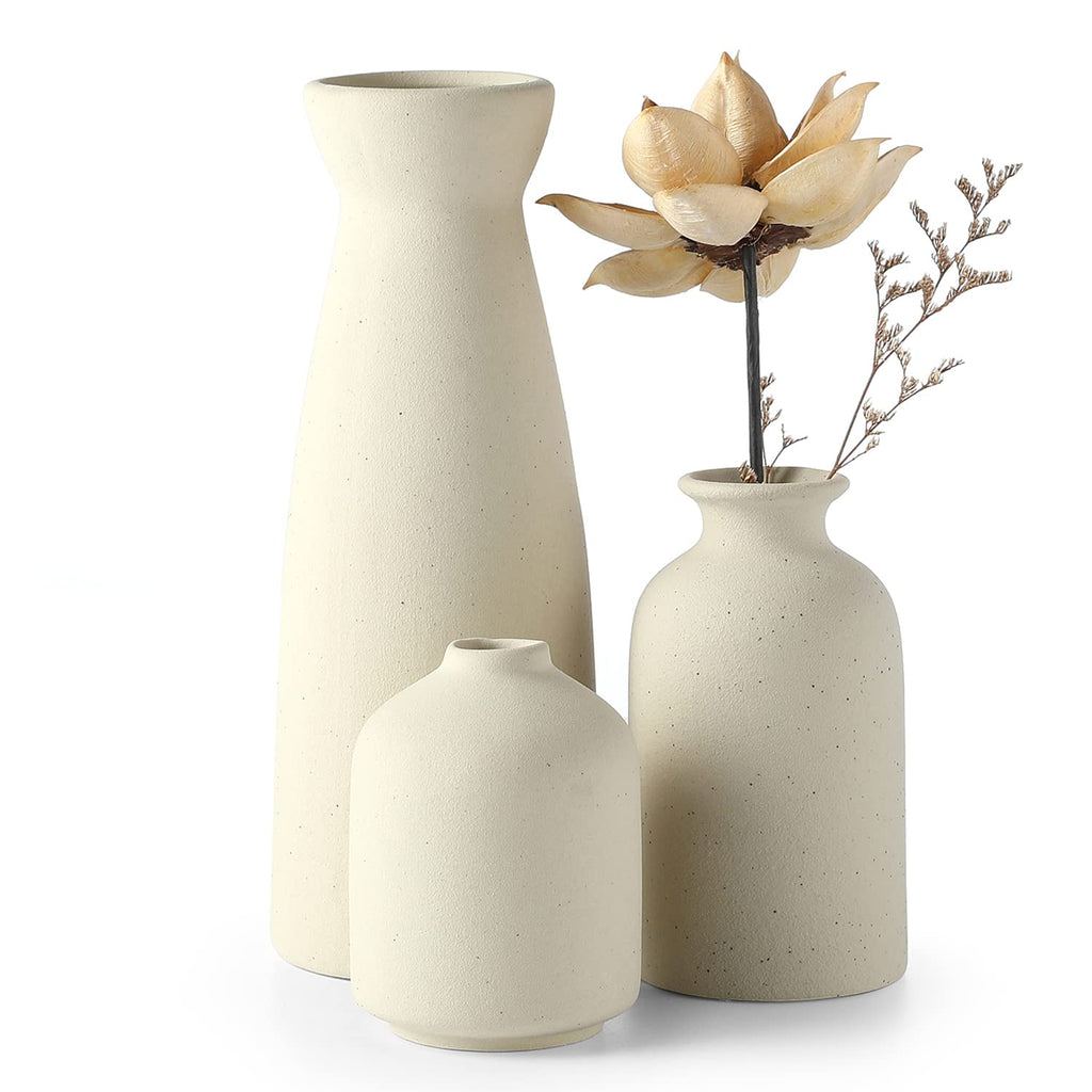 CEMABT Beige Ceramic vase Set-3 Small Flower vases for Decor,Modern Boho Farmhouse Home Decor,Decorative vase for Pampas Grass&Dried Flowers,idea Shelf ,Table,Bookshelf ,Entryway- Distressed