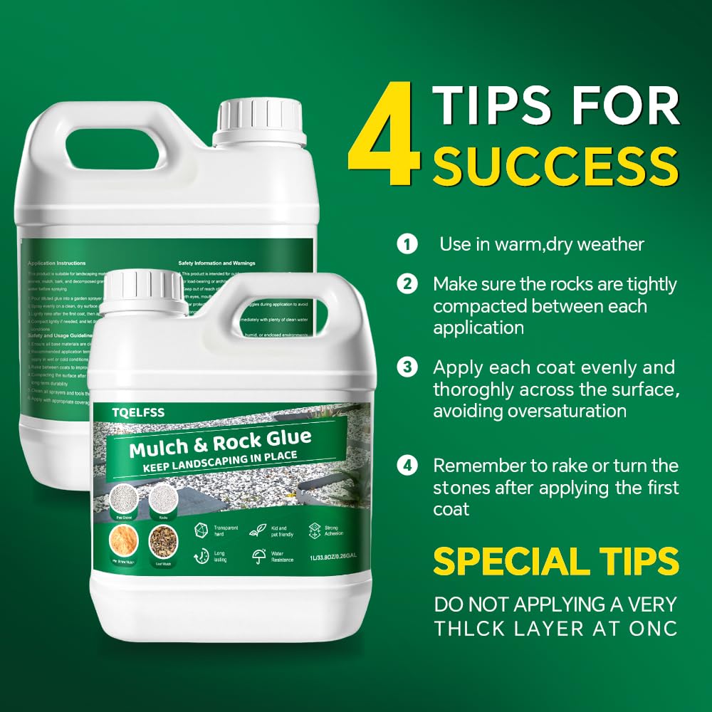 Rock Glue,1L/0.26Gal Mulch Glue for Landscaping,Fast-Drying Adhesive Reliable & Long-Lasting & Dries-Clear Strong Pea Gravel Binder for Wood Chips,Sand,Pine Straw,Pebbles,Stone