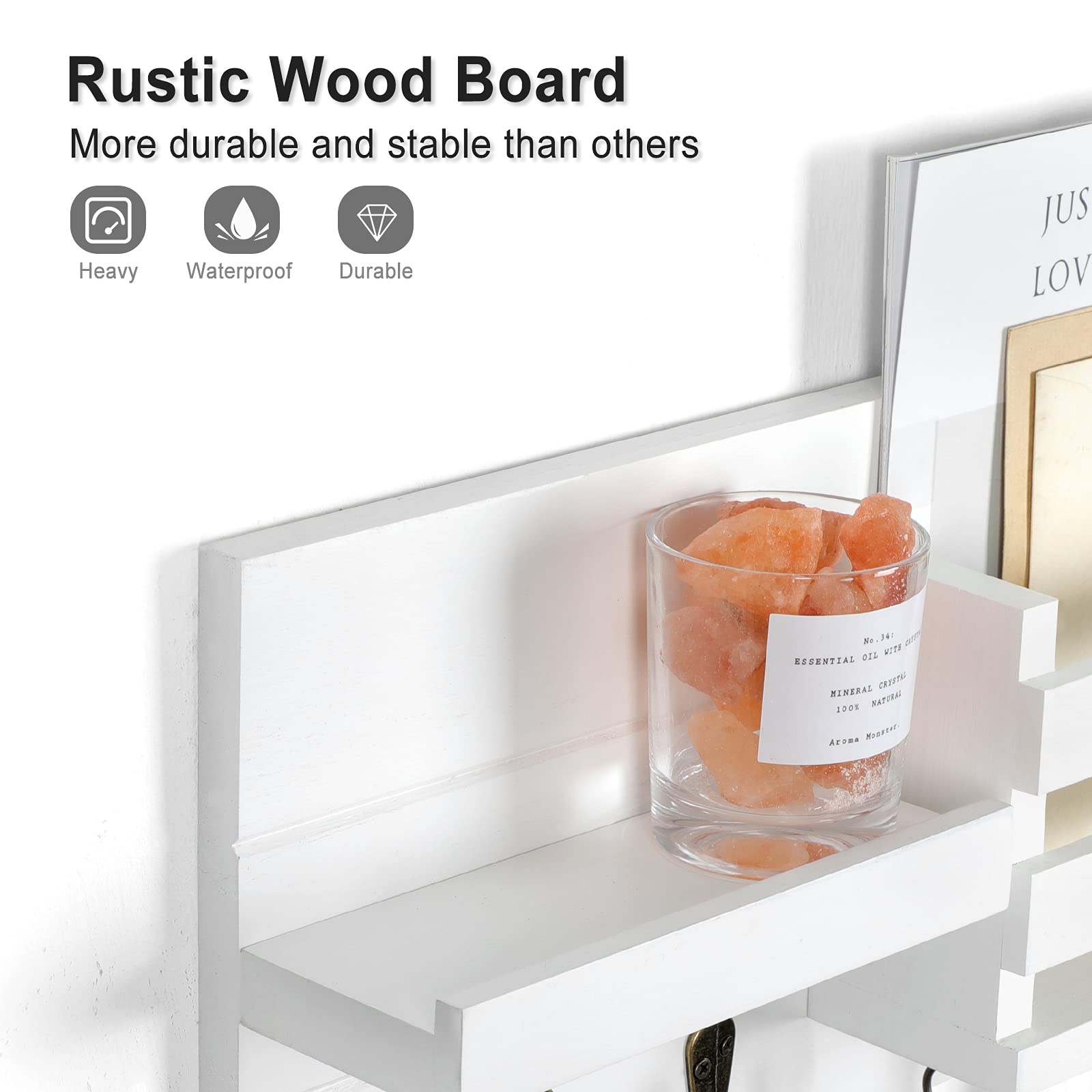 Lwenki Mail Organizer for Wall Mount – Key Holder with Shelf Includes Letter Holder and Hooks for Coats, Dog Leashes – Rustic Wood with Flush Mounting Hardware (16.5” x 8.7” x 3.5”)