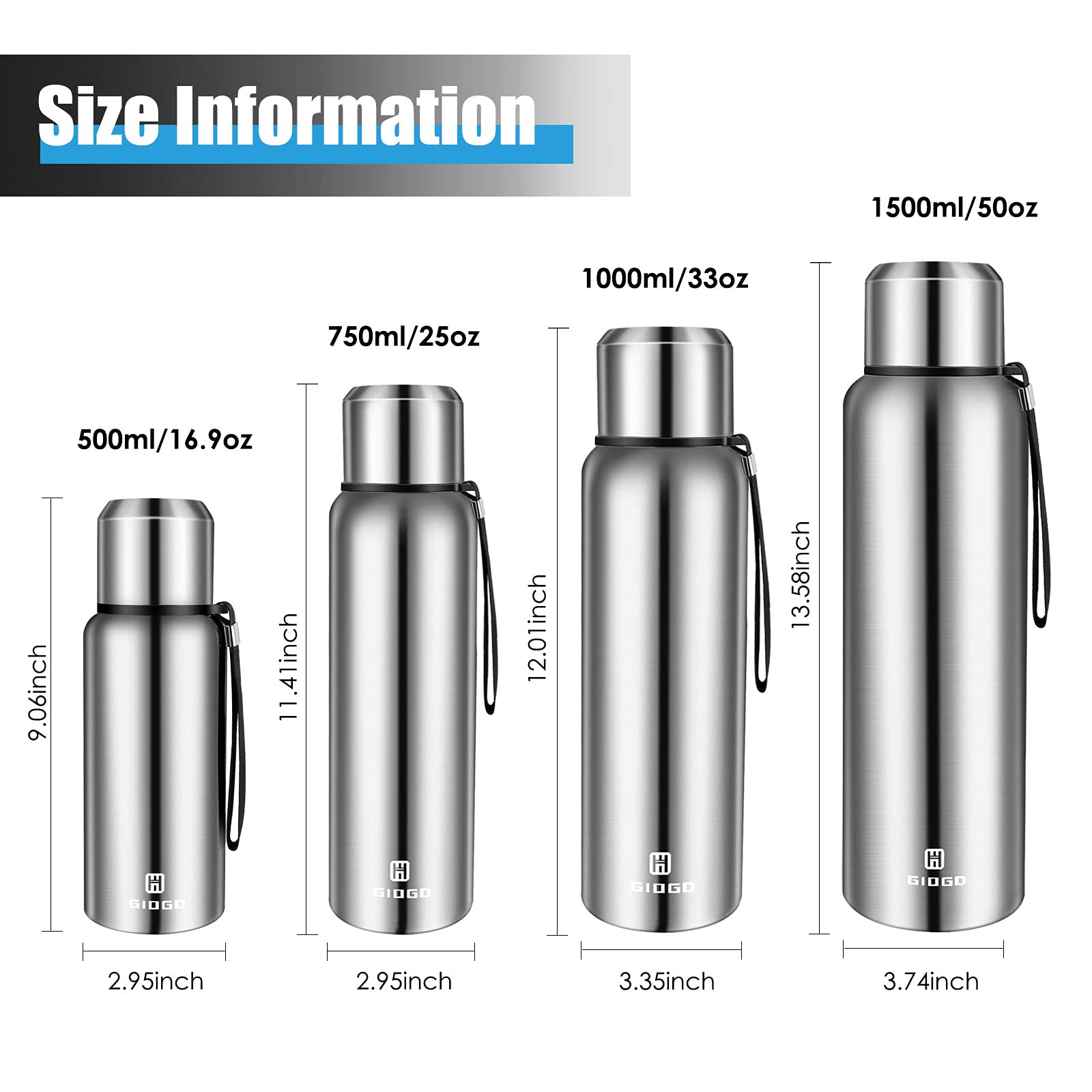 Insulated Vacuum Thermo Bottle 25oz with Cup lid Leakproof Stainless Water Flask for Coffee hot and Cold Drink.(Silver,750ml)