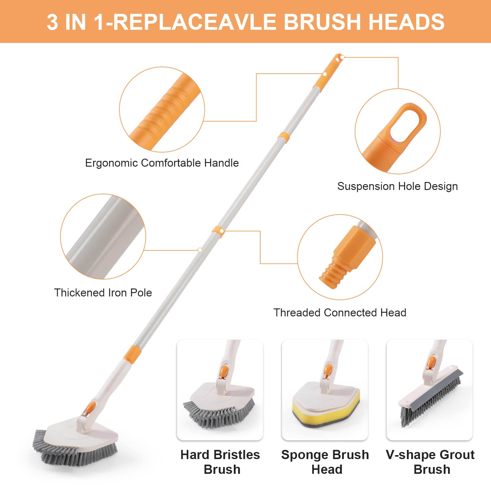 3 in 1 Shower Scrubber Cleaning Brush with 50'' Long Handle, FUUNSOO Tub & Tile Grout Brush Stiff Bristles Lock in Place Scrub Brush Head for Bathroom Kitchen Wall Floor Bathtub Sink Glass - Upgrade