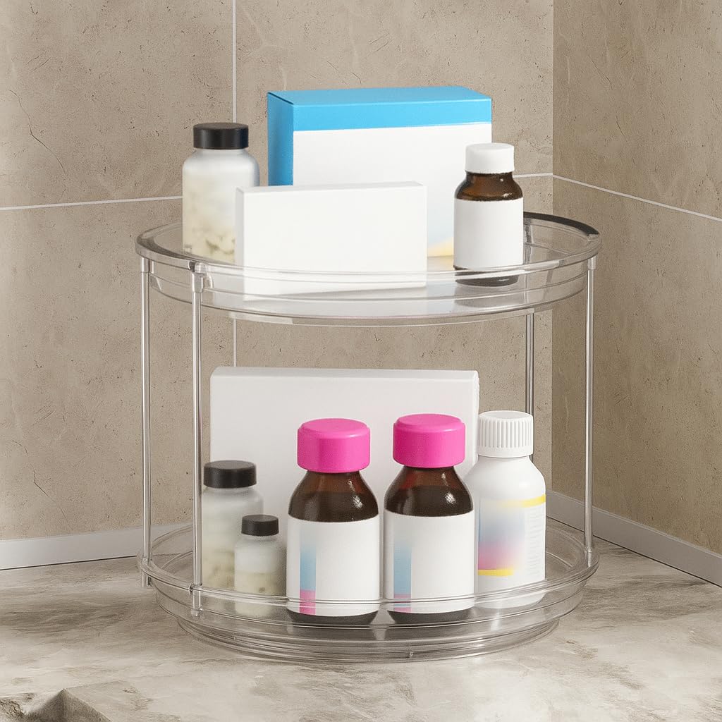 KEGFRES Lazy Susan 2 Tier Organizer Turntable Organization for Cabinet, Rotating Spice Rack Kitchen,Pantry, Bathroom,Makeup Vanity Countertop, Under Sink Organizing(Clear, 9.25in-1Pack)