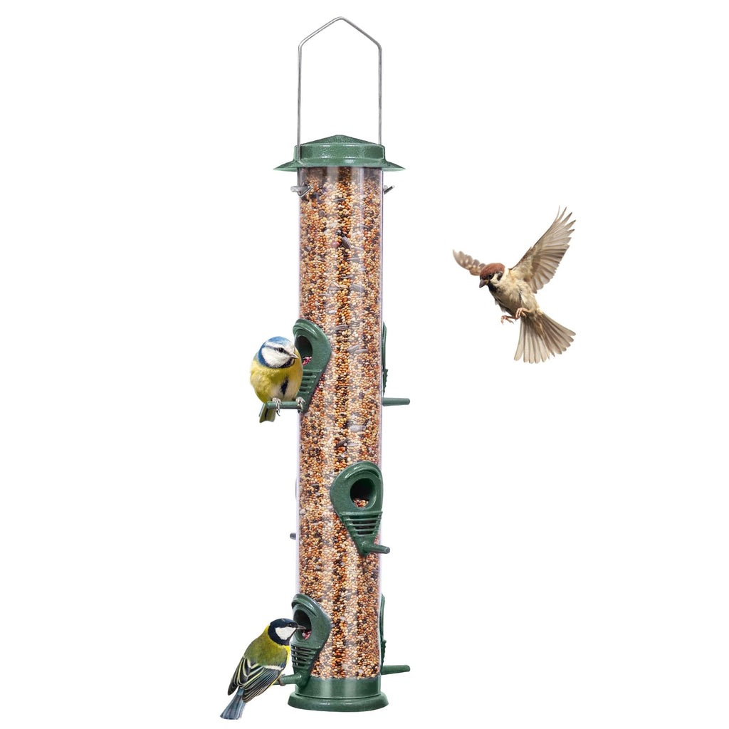 ERYTLLY Metal Bird Feeders 6 Port Tube Bird Feeder for Wild Birds, 1.4mm Extra Thick Solid Tube Transparent with Steel Hanger Bird Feeders Squirrel Proof for Outside Green