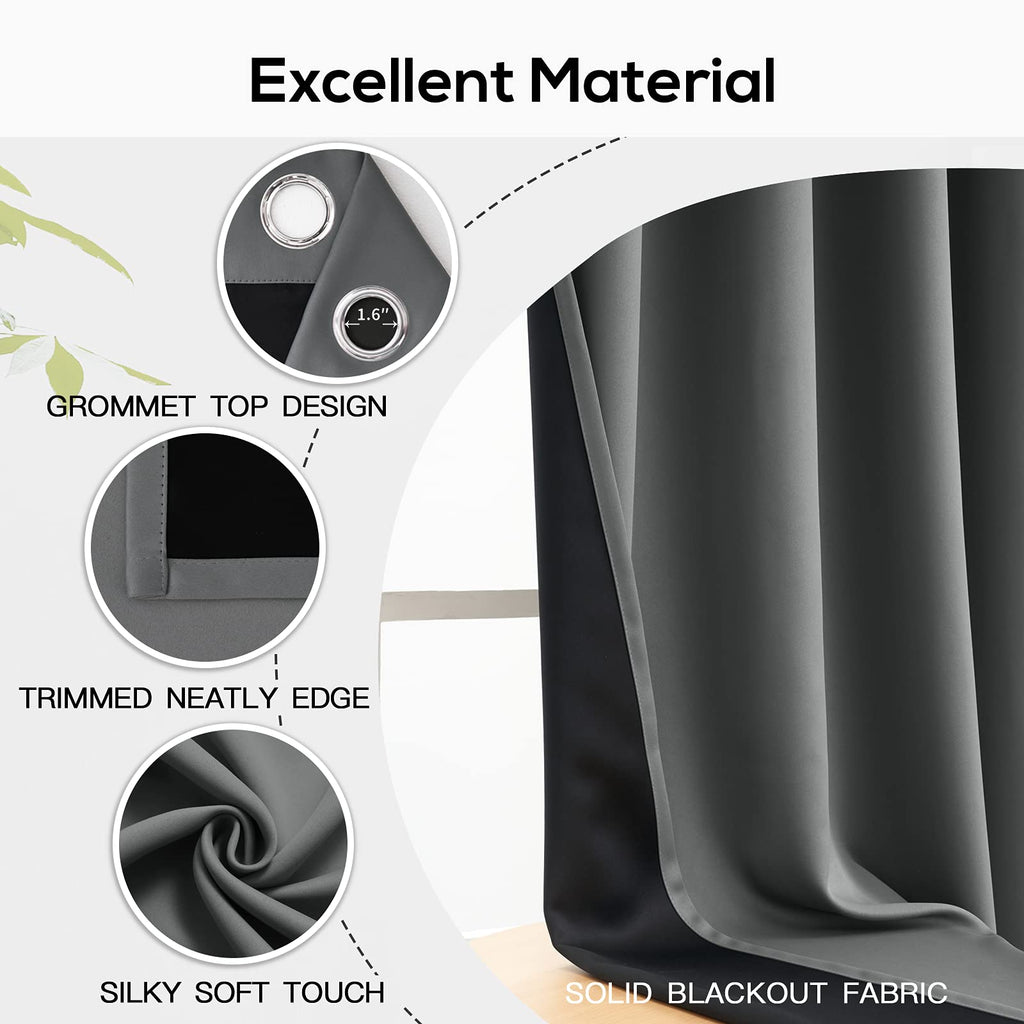 Yakamok 100% Blackout Curtains for Bedroom 84 Inch Length, Grey Full Light Blocking Drapes with Black Backing, Noise Reducing Thermal Insulated Grommet Panels for Living Room, 52Wx84L,Gray, 2 Panels