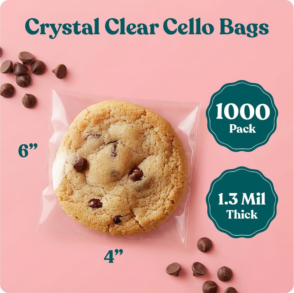 4" X 6" Self Sealing Cellophane Bags (1000 Pack) - Clear Cookie Bags With Seal for Baked Goods Packaging, Cookie Wrappers, Bakery Packaging, Bake Sale, Candy, Treats, Goodies, Gifts, Party Favors