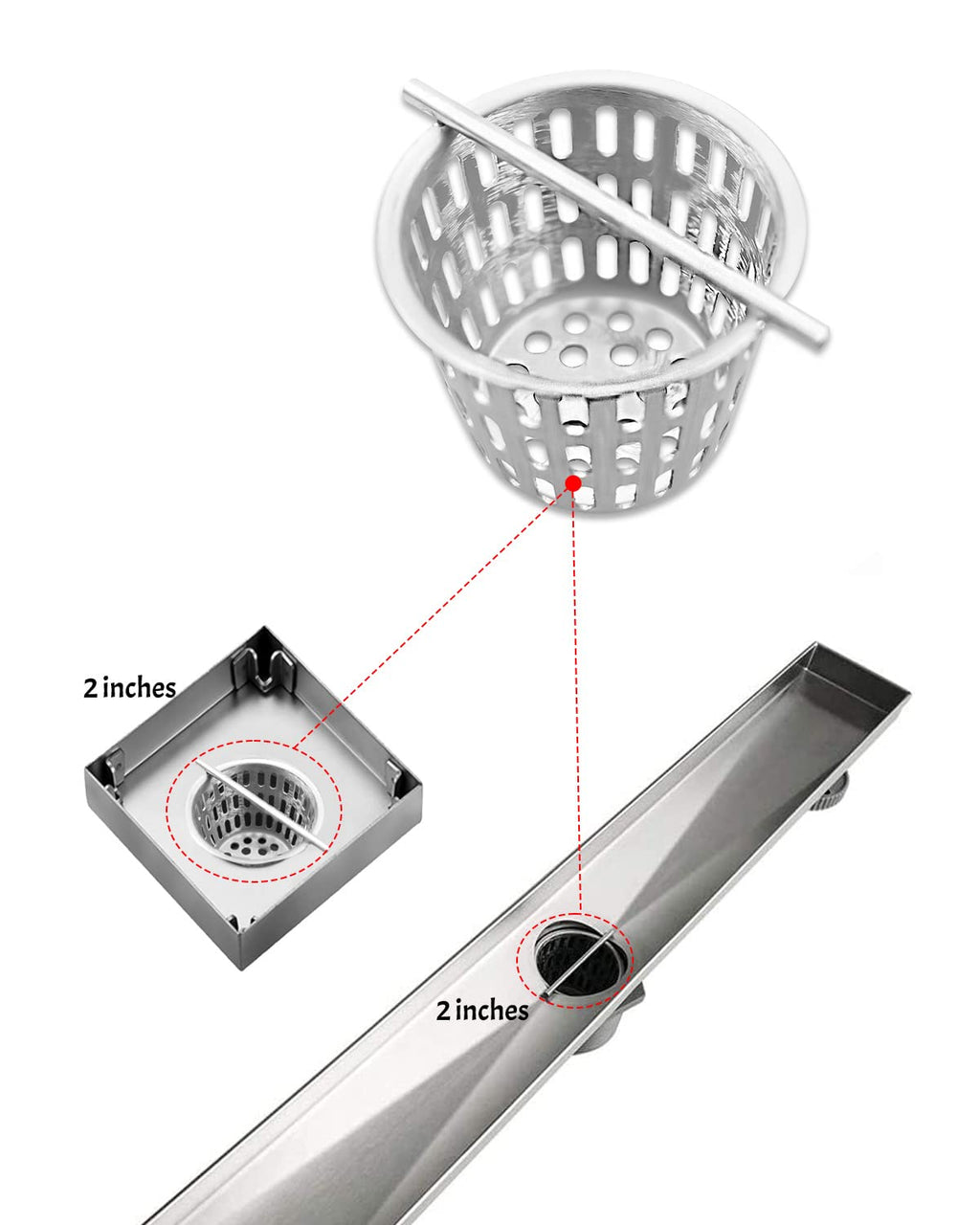 2 Inch Hair and Debris Strainer, Shower Drain Strainer with Lifting Hook, Stainless Steel Debris Basket Shower Drain Catcher, Hair Catcher for Floor Drain
