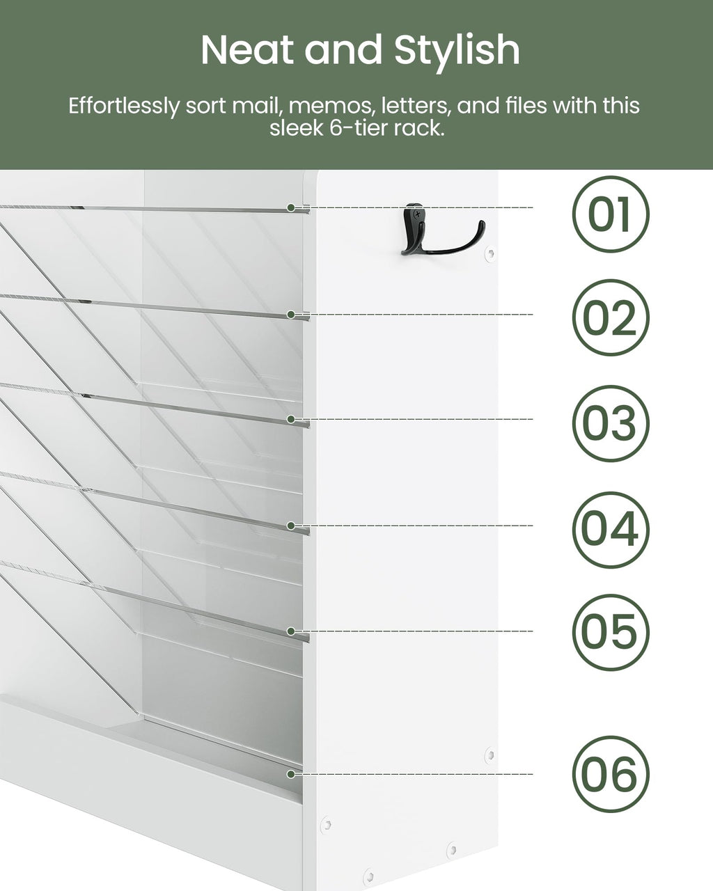 CHOEZON Wall File Holder, 6-Tier File Organizer, Office Supplies Storage Rack, Versatile Desktop Organizer, with Detachable Shelves, with Side Hooks, for Living Room, Study, Home Office, White MWJ02WB