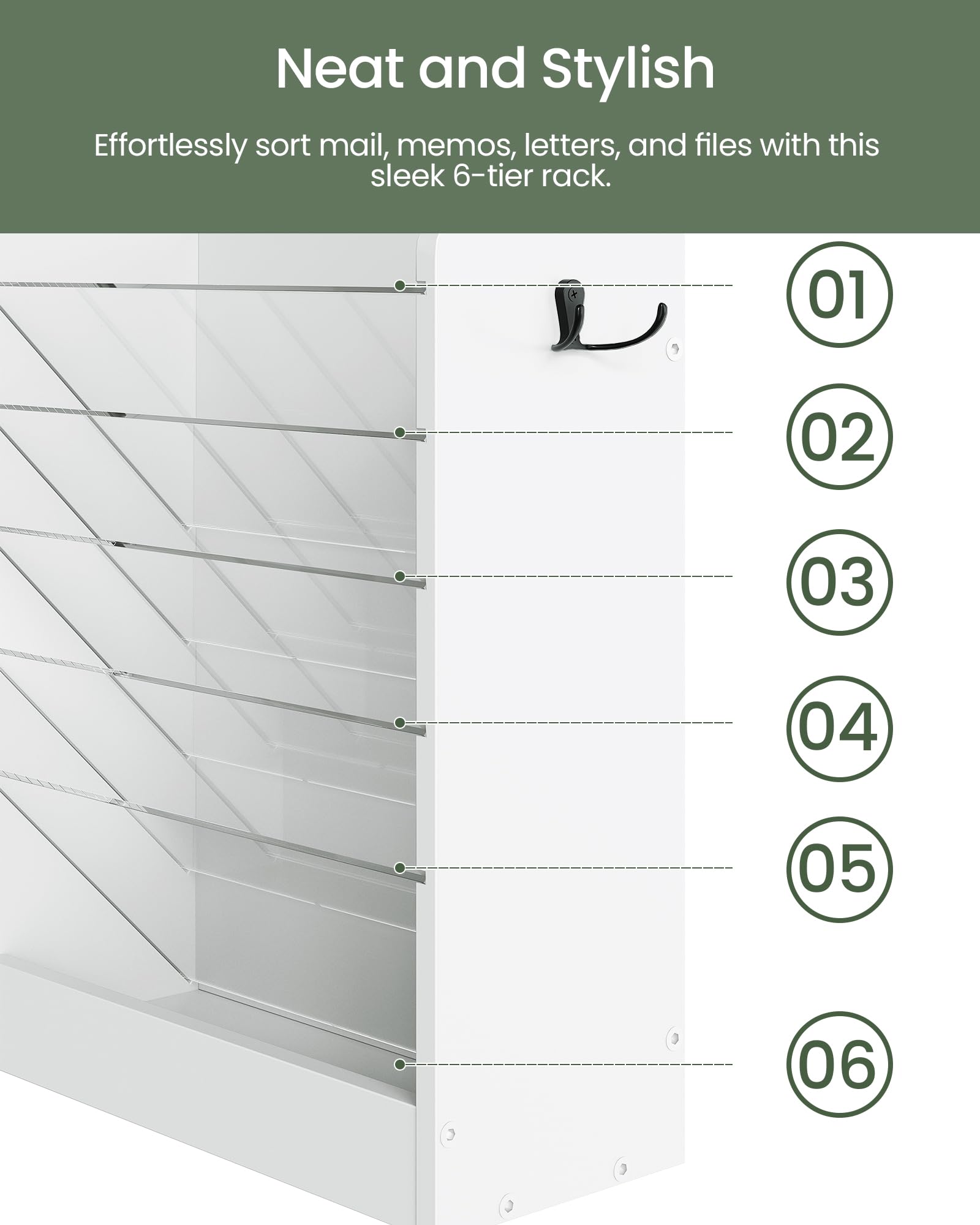 CHOEZON Wall File Holder, 6-Tier File Organizer, Office Supplies Storage Rack, Versatile Desktop Organizer, with Detachable Shelves, with Side Hooks, for Living Room, Study, Home Office, White MWJ02WB