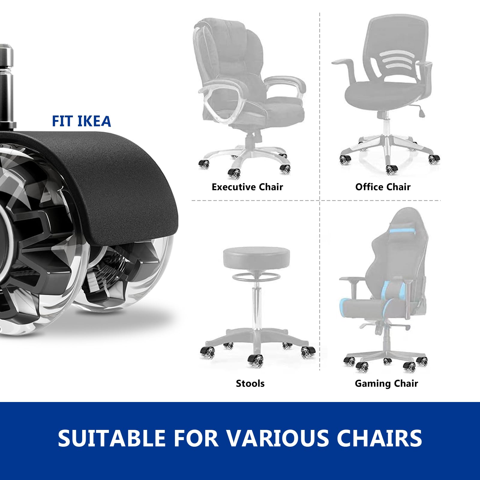 YIUBCZOQI Office Chair Wheels Casters Set of 5 - Heavy Duty Silent Rollers for Hardwood Floors & Carpet, 10x22mm FIT 1KEA,Non-Marring Black Chair Casters with Dual-Bearing Design