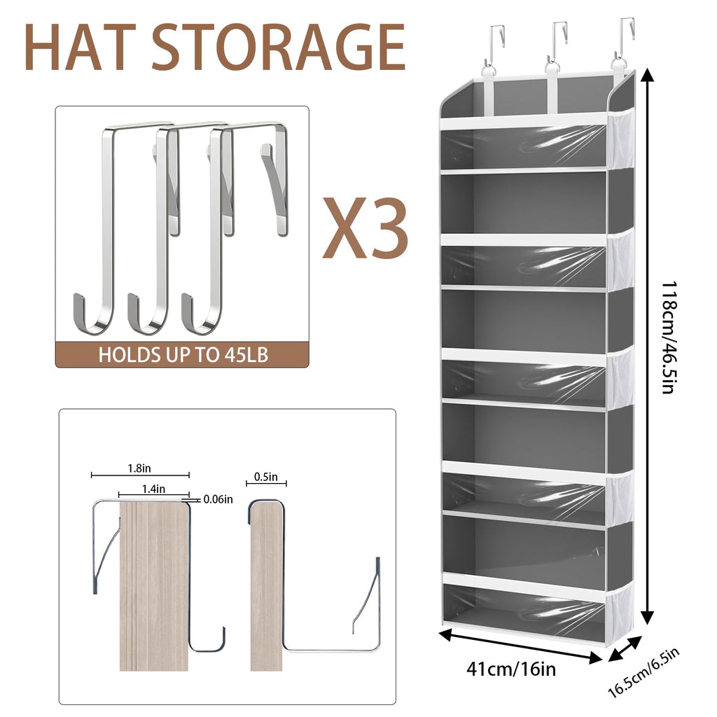 KYEVIS Over The Door Hat Rack for Baseball Caps, Hold up to 60 Hats Organizer Storage for Closet Wall, Clear Hanging Hat Holder with 10 Mesh Pockets