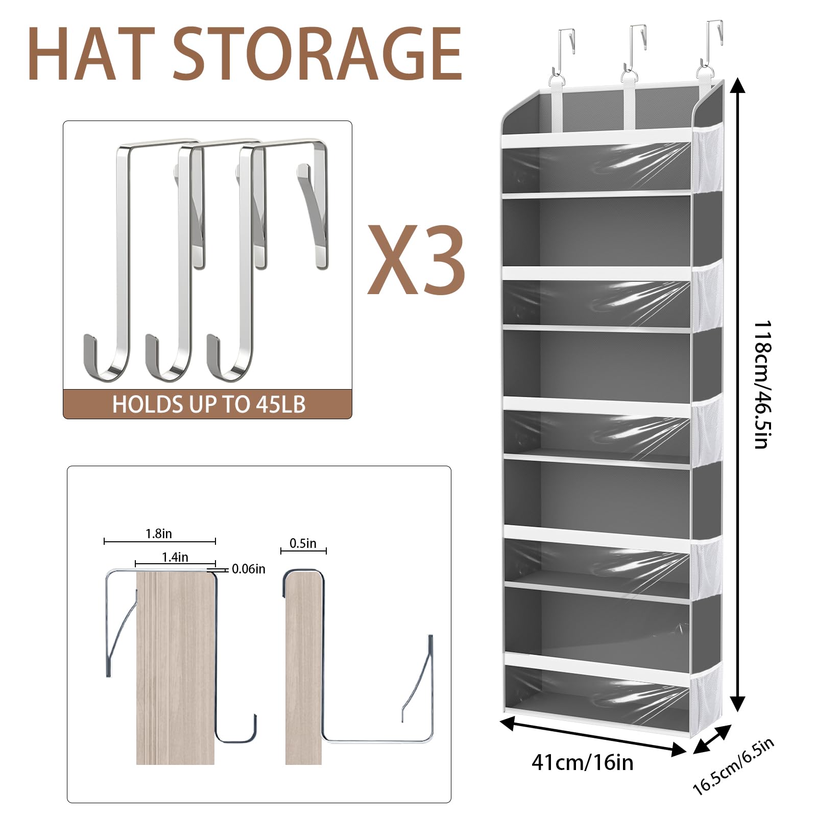 KYEVIS Over The Door Hat Rack for Baseball Caps, Hold up to 60 Hats Organizer Storage for Closet Wall, Clear Hanging Hat Holder with 10 Mesh Pockets