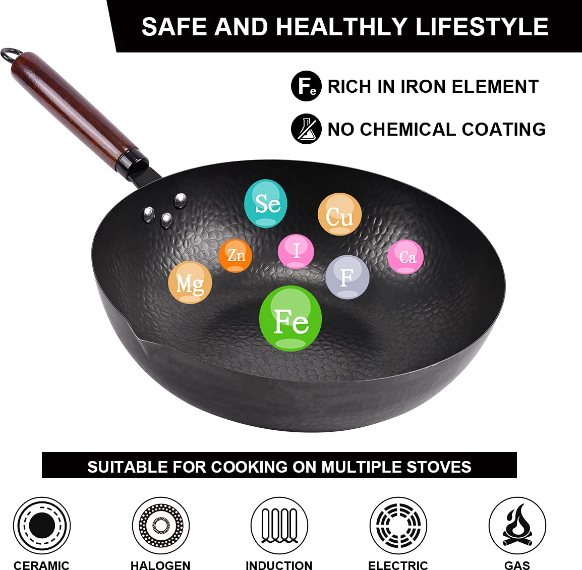 Leidawn 12.8" Carbon Steel Wok - 11Pcs Woks & Stir Fry Pans Wok Pan with Lid, No Chemical Coated Chinese Wok with 10 Cookware Accessories, Flat Bottom Woks for Electric, Induction and Gas Stoves