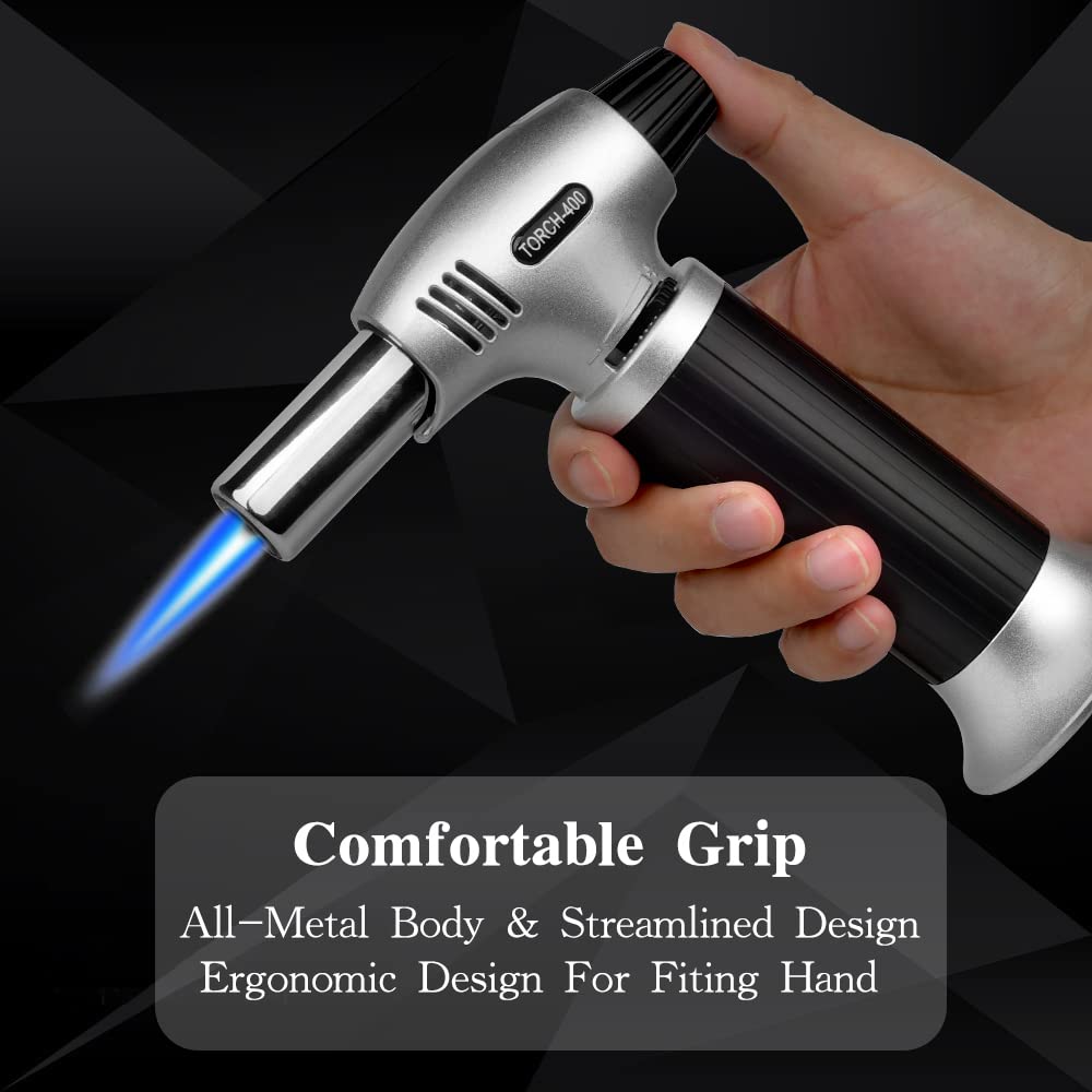 Butane Torch, Professional Culinary Torch Lighter, Blow Torch Refillable Portable, Kitchen Torch with Safety Lock and Adjustable Flame for Desserts BBQ Baking Camping (Butane Gas not Included)