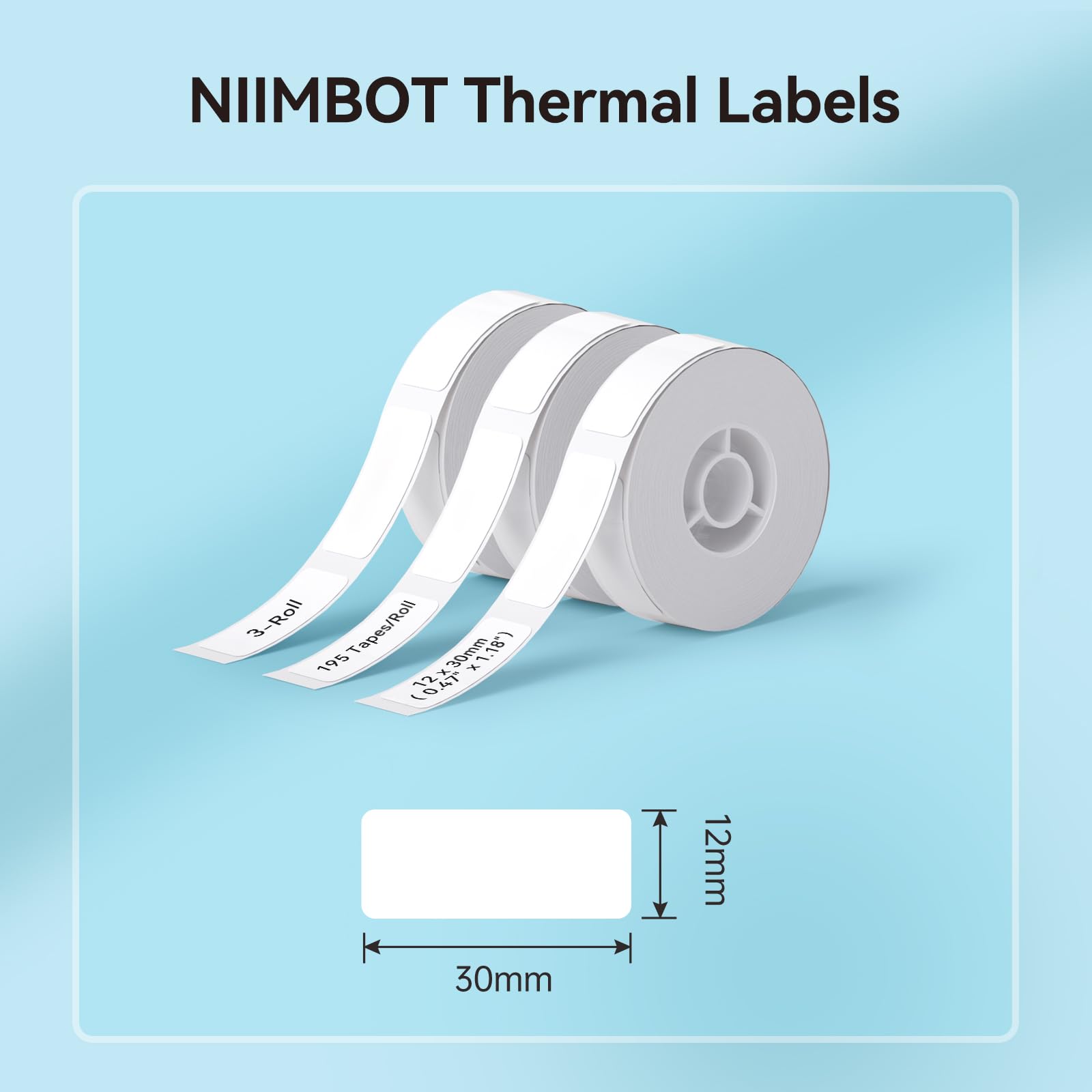 NIIMBOT Label Maker Tape for D11/D110/D101 Label Maker, 12 x 30 mm (0.47'' x 1.18''), 3Rolls for Home Office Labeling Tape Replacement, White