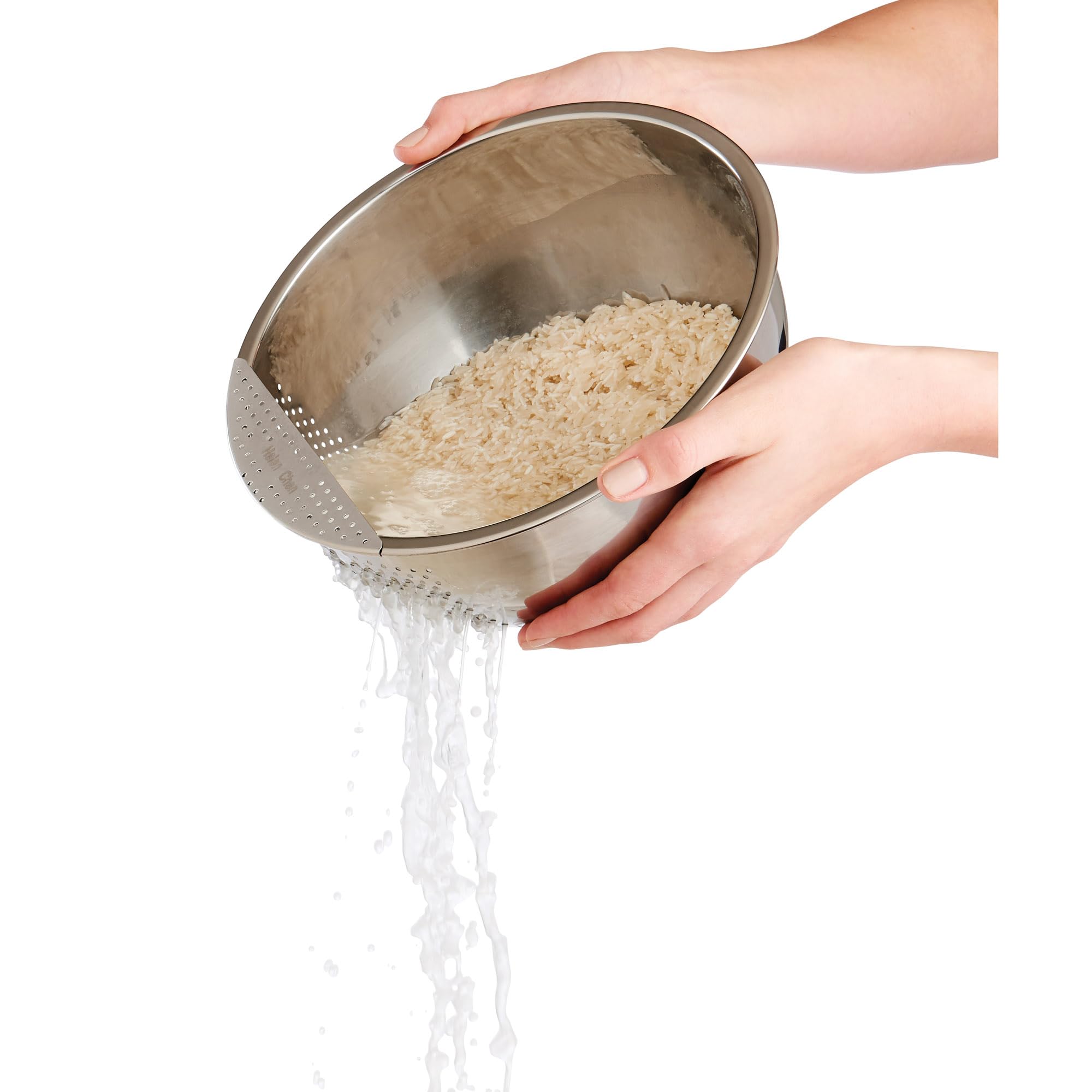 Helen's Asian Kitchen Professional Rice Washing Bowl – Stainless Steel Rice Rinser Strainer with Side Drainer, 3-Quart Capacity. Ideal for Quinoa, Rice, Grains, Legumes, Vegetables. Kitchen Essential