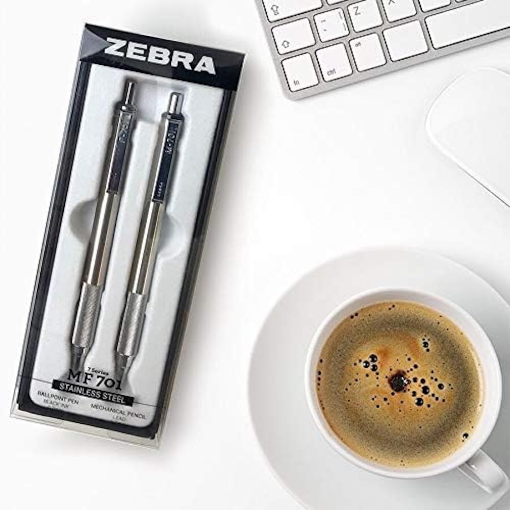 Zebra Pen M/F 701 Stainless Steel Mechanical Pencil and Ballpoint Pen Set, Fine Point, HB Lead and Black Ink, Ideal for Tactical Use, 2-Pack Gift Set (10519)