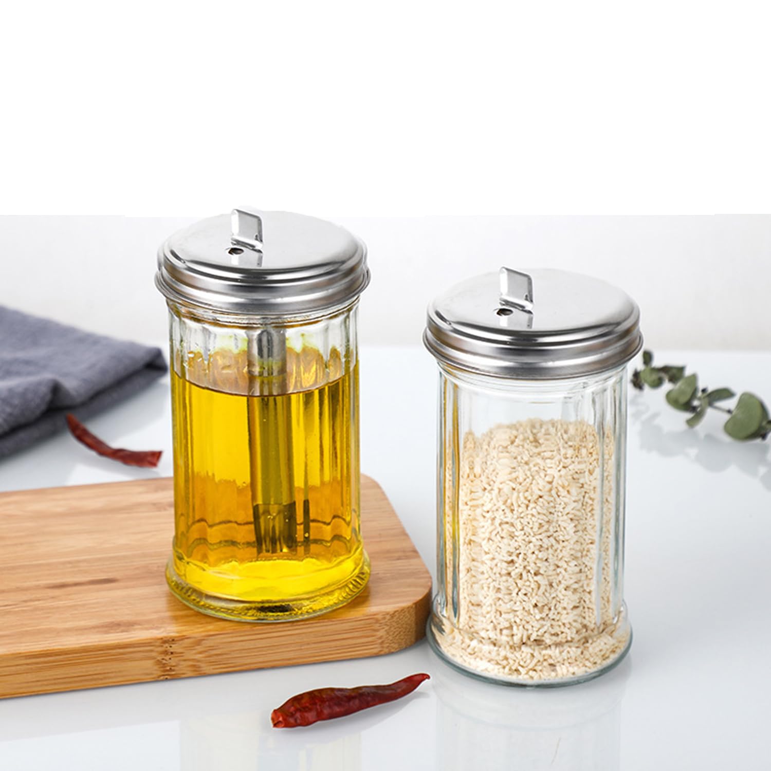 Suweiyuanshiyi 2 Pack 12OZ Glass Sugar Dispenser/Shaker/Pourer with Stainless Steel Pour-Flap Lid for Coffee Bar Vintage Glass Jar for Sugar Cinnamon SpicesRetro Style
