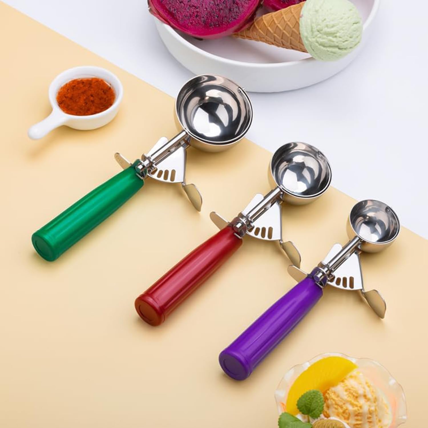Cookie Scoops, Ice Cream Scoop Set, with Trigger, Kitchen Utensils, 3 Different Sizes, Small-Medium-Large, Baking Supplies, Meatball Maker Tool, Stainless Steel with Plastic Handles
