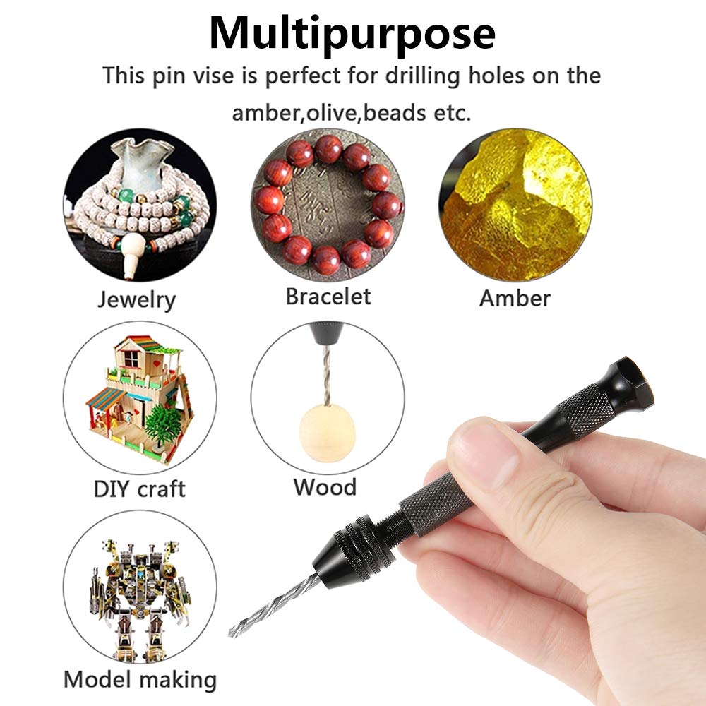 57pcs Pin Vise Hand Drill Bits Set, Mini Hand Drill Rotary Tools Accessories Kit with 0.3-3mm Twist Drills, 0.1-1mm Mini Drills Vise for DIY Clay Resin Casting Molds, Making Jewelry Pendant (57 pcs)