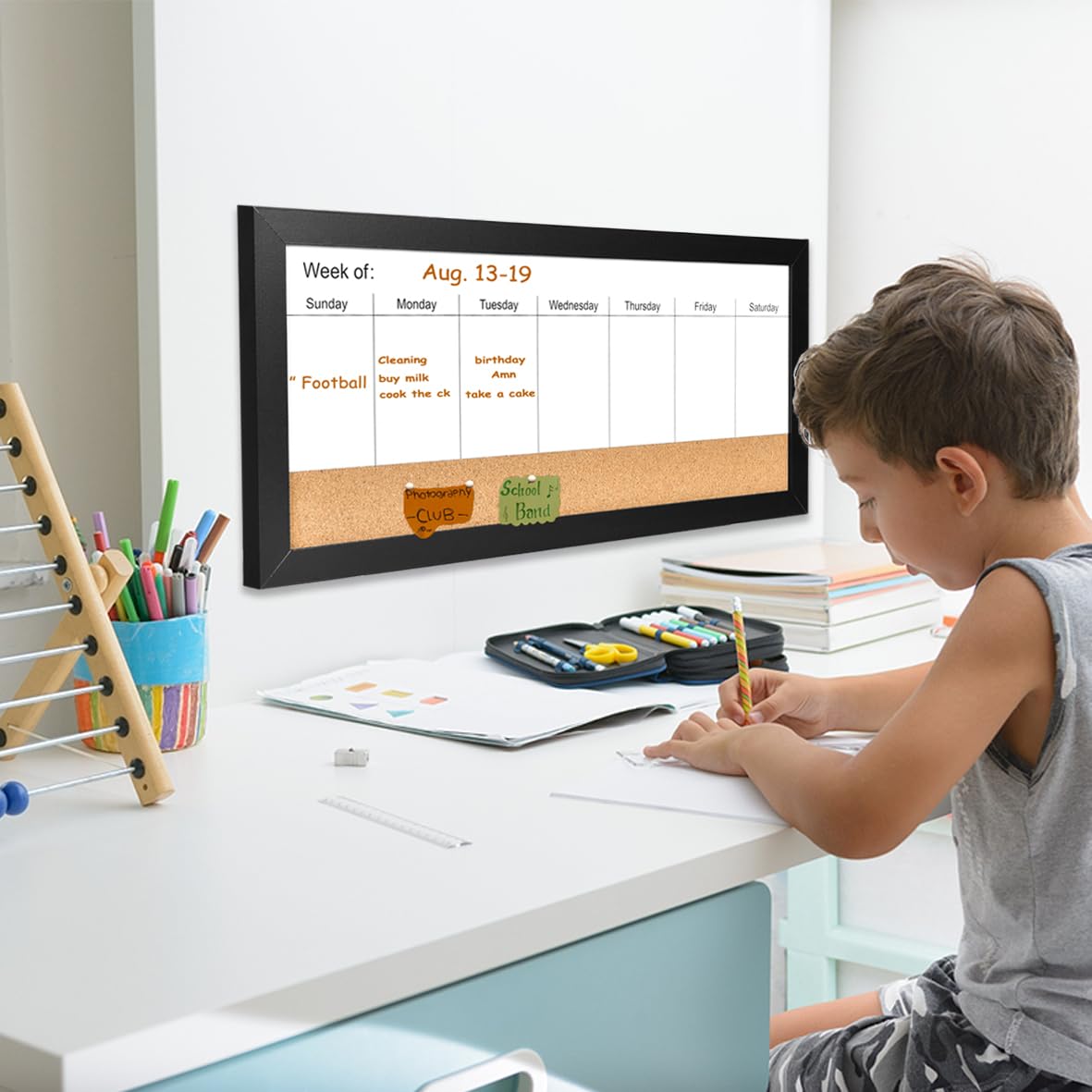 Umtiti Magnetic Weekly Dry Erase White Board and Cork Board, Black Wood Frame，Magnetic Surface Whiteboard for Home Office and Wall Decor(ZHZL-3060BK)