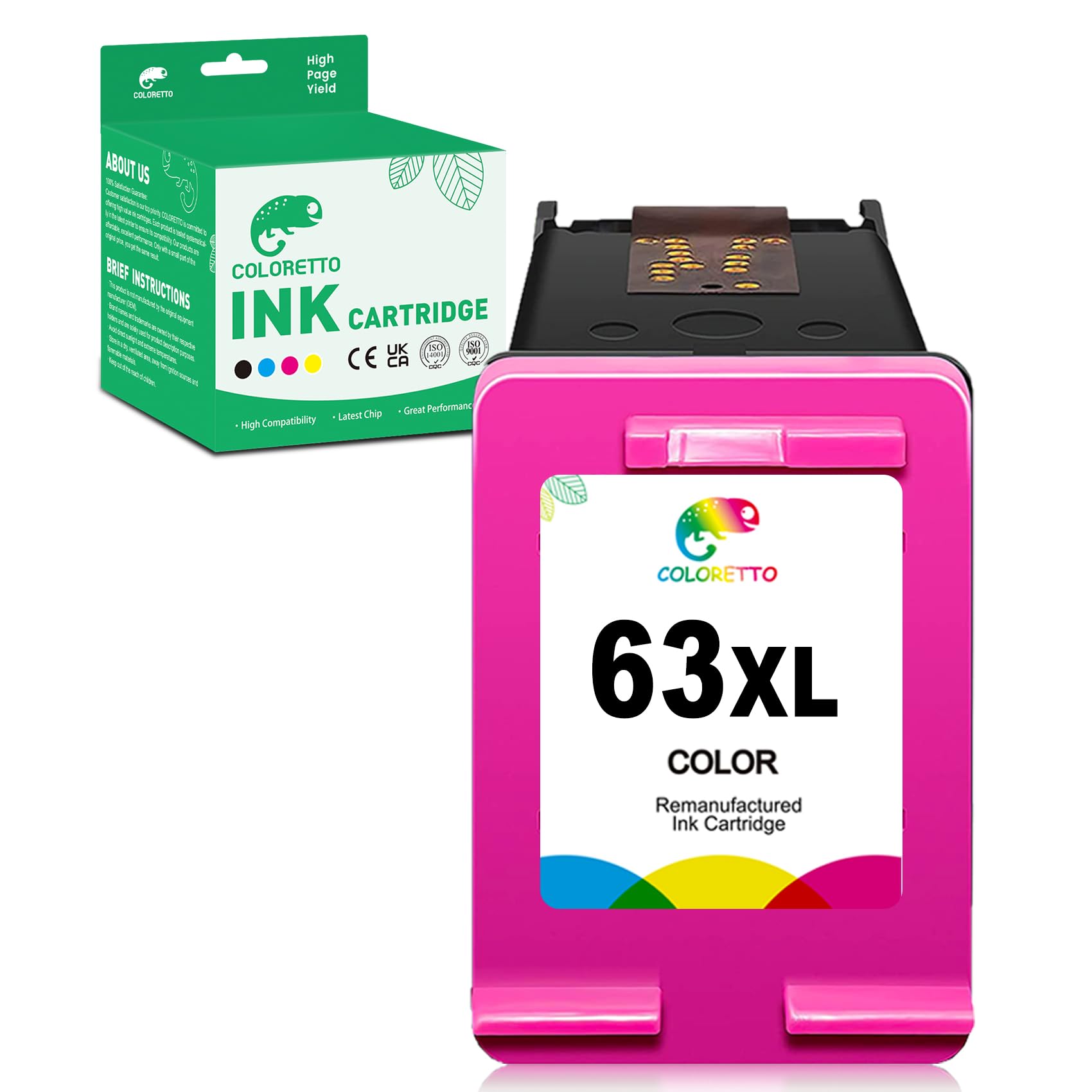 COLORETTO 63XL Color Ink Cartridge for HP Officejet 3830 Ink 4650 3833 4516 4516 4520 4522 4652 5255 5200 5222 Envy 4512 4516 4522 Deskjet 3630 3632 2132 Printer Remanufactured 63 XL hp63 1-Pack