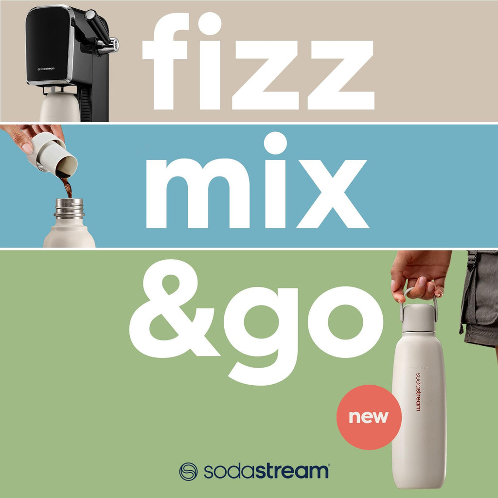 SodaStream - Fizz & Go Cool Bottle | Stainless Steel Carbonating Water Bottle | Keeps Drinks Cold 12 Hrs | Cupholder Friendly | Compatible with Pink CO2 Cylinder Machines | Storm Color | 0.9L