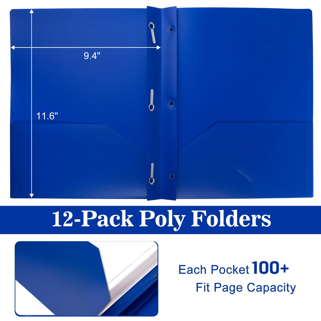 EEHZTSI 12-Pack Plastic Folders with Pockets and Prongs,2-Pocket Folders with 3 Fasteners, Poly Folders Holds 8-1/2" x 11" Paper for School/Office/Home (12, Blue)